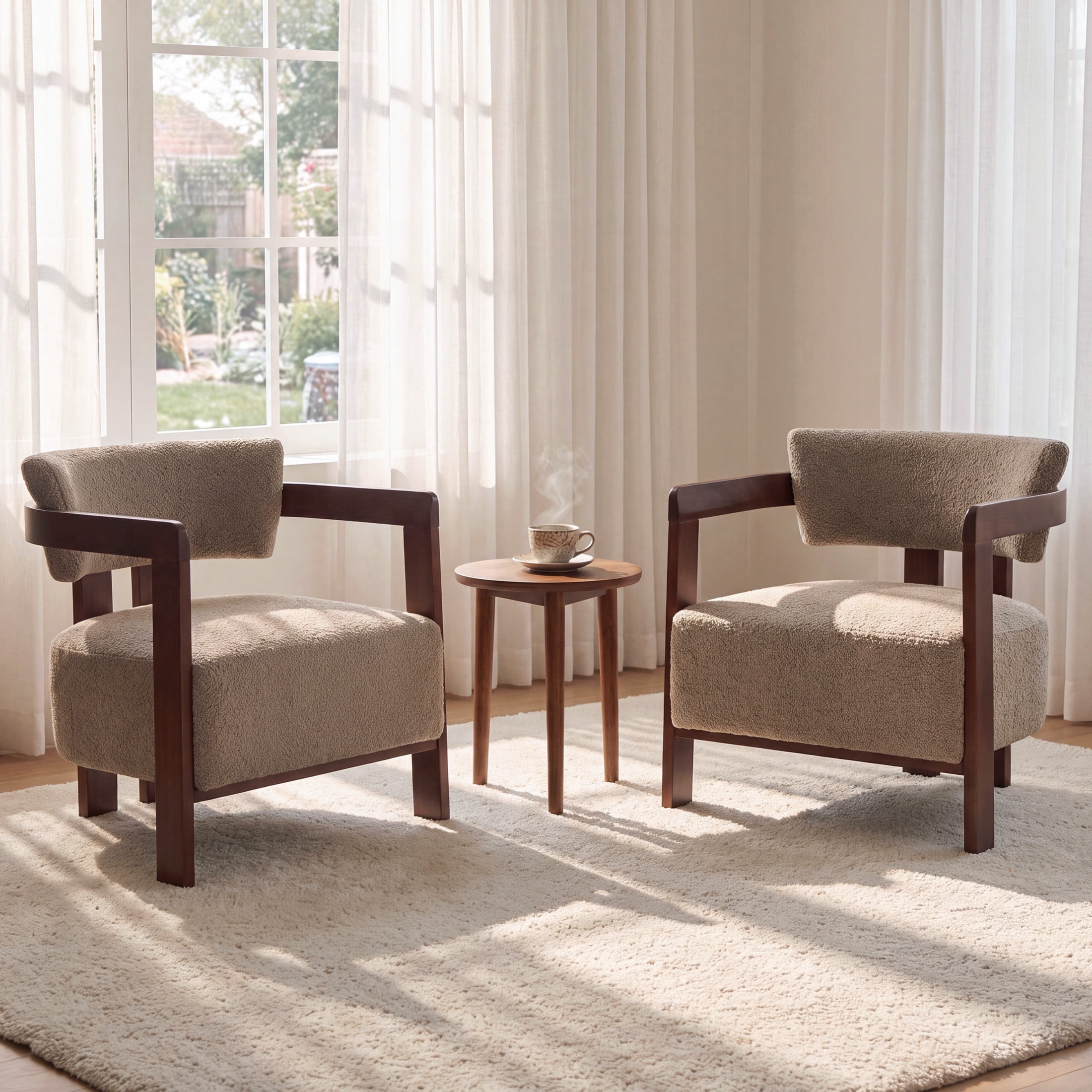 Christopher Knight Home Mid-Century Modern Boucle Upholstered Accent Arm Chair, Wood Frame, Light Brown, Set of 2