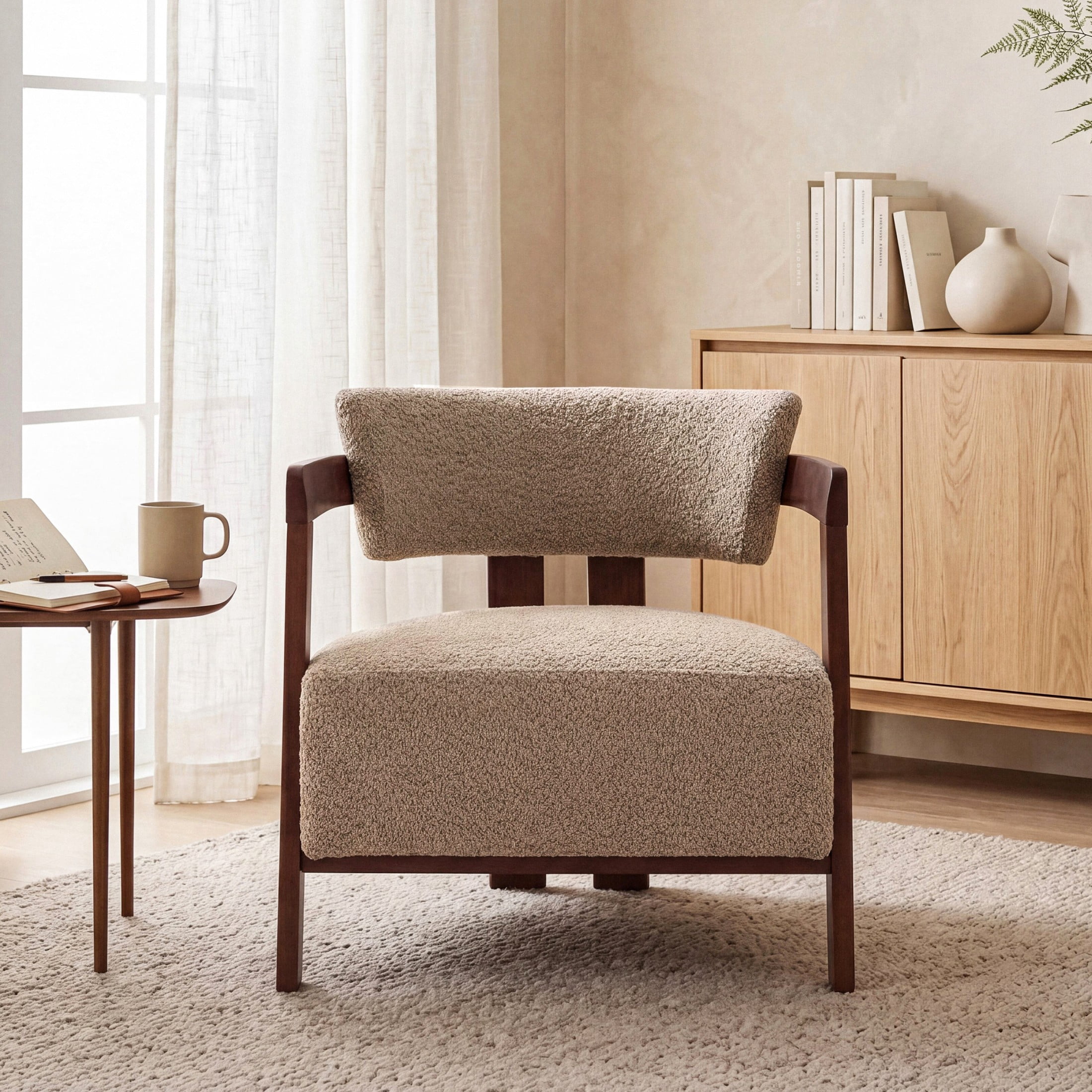 Christopher Knight Home Mid-Century Modern Boucle Upholstered Accent Arm Chair, Wood Frame, Light Brown