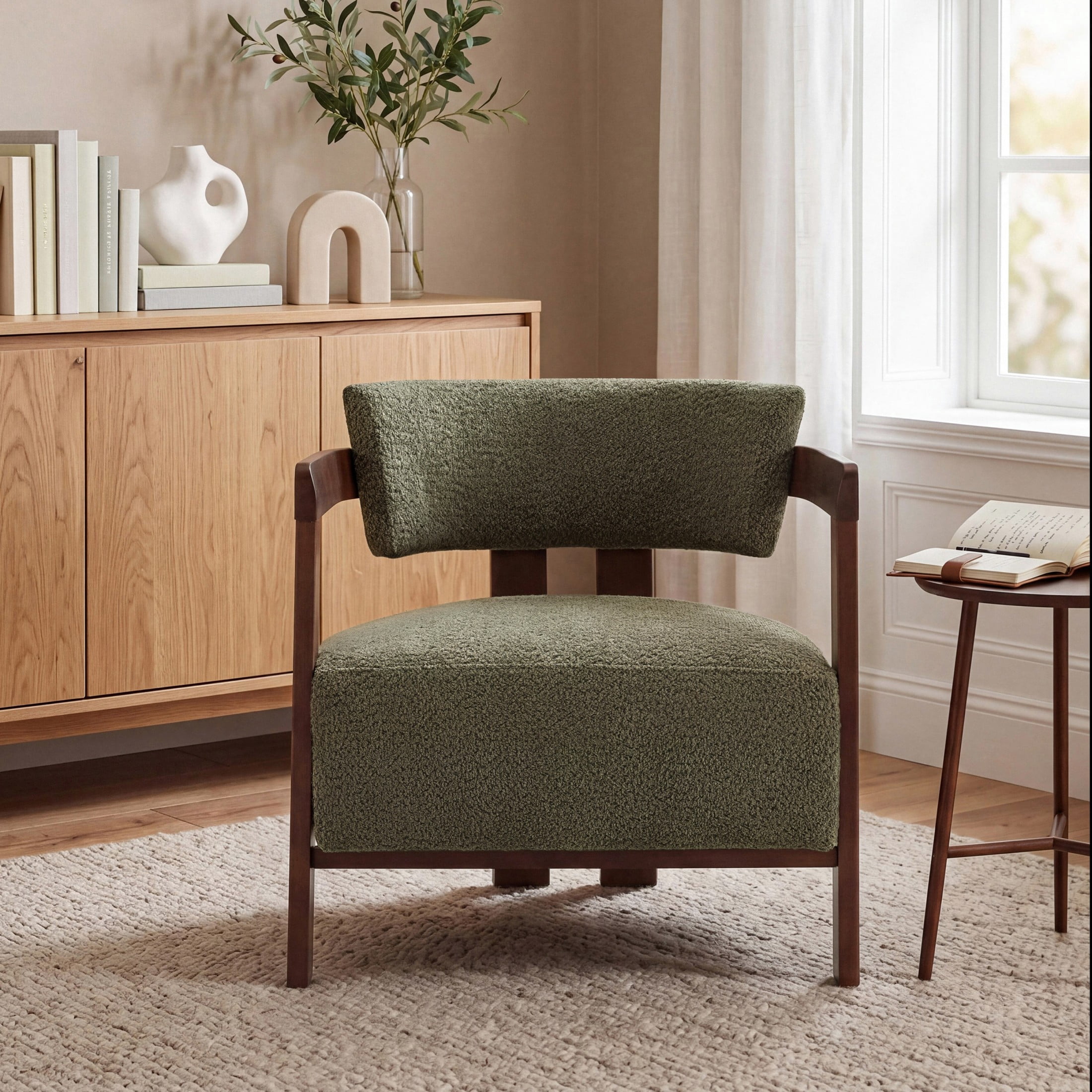 Christopher Knight Home Mid-Century Modern Boucle Upholstered Accent Arm Chair, Wood Frame, Olive Green