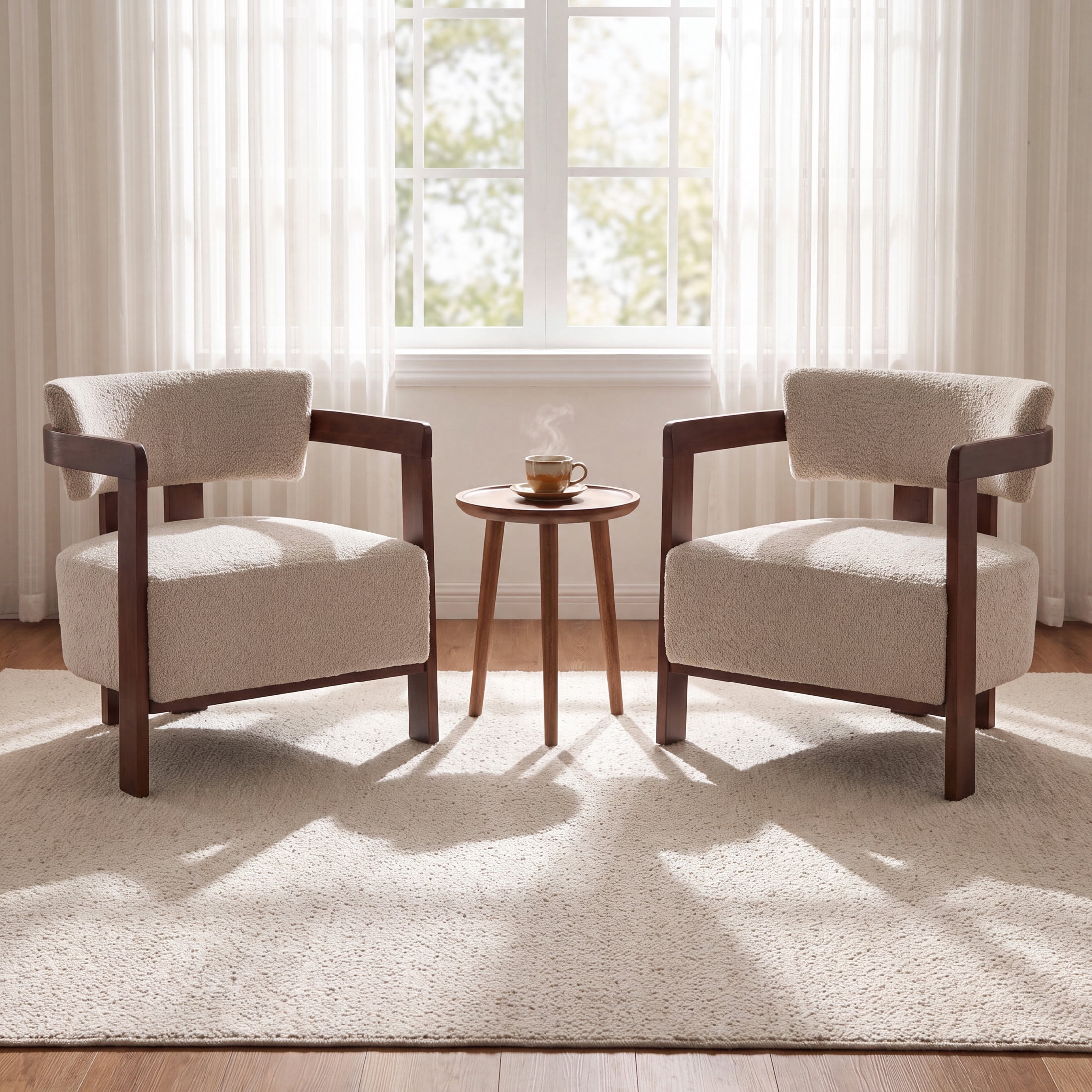 Christopher Knight Home Mid-Century Modern Boucle Upholstered Accent Arm Chair, Wood Frame, Wheat, Set of 2