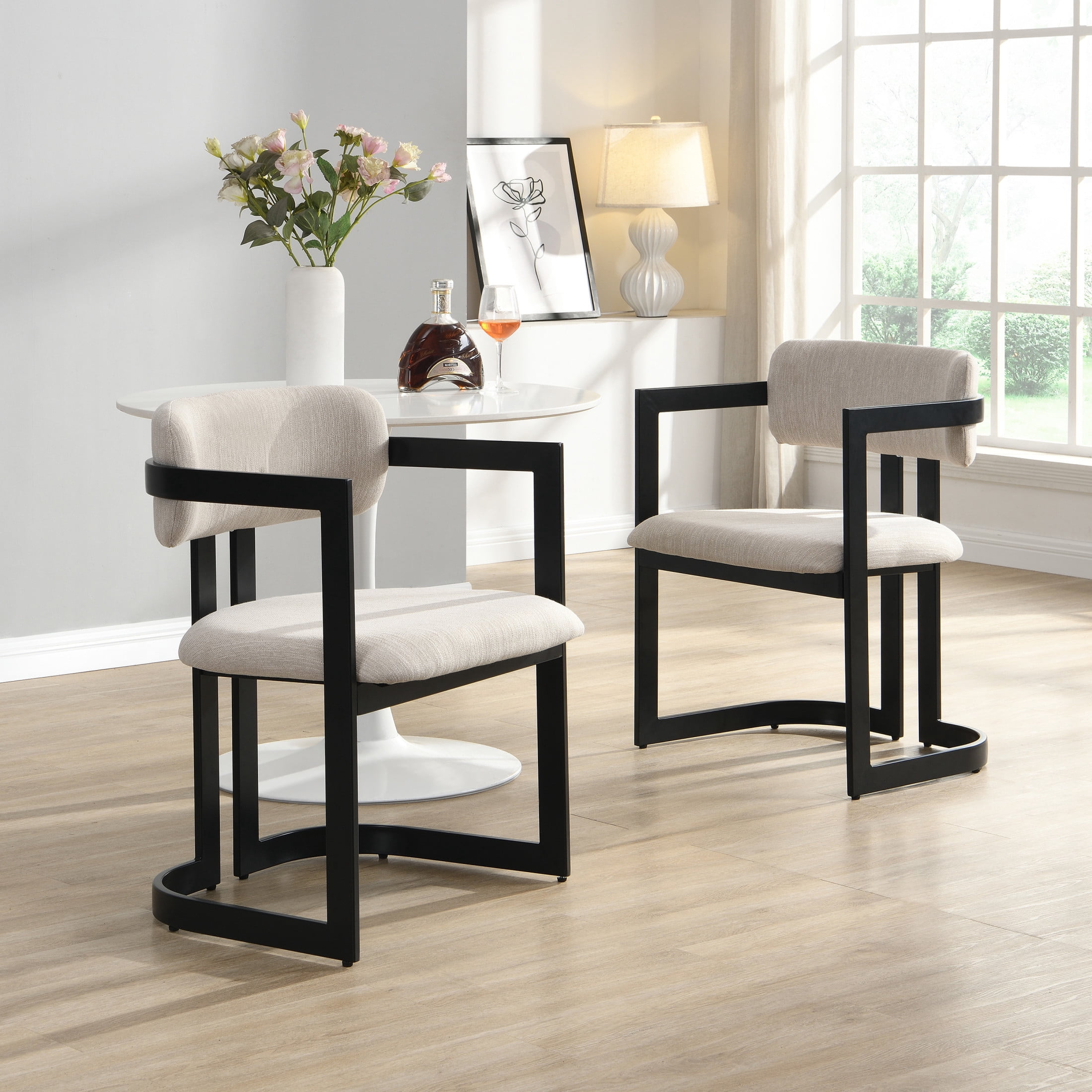 Christopher Knight Home Mid-Century Modern Dining Chairs, Metal Frame with Beige Upholstery, Black, Set of 2