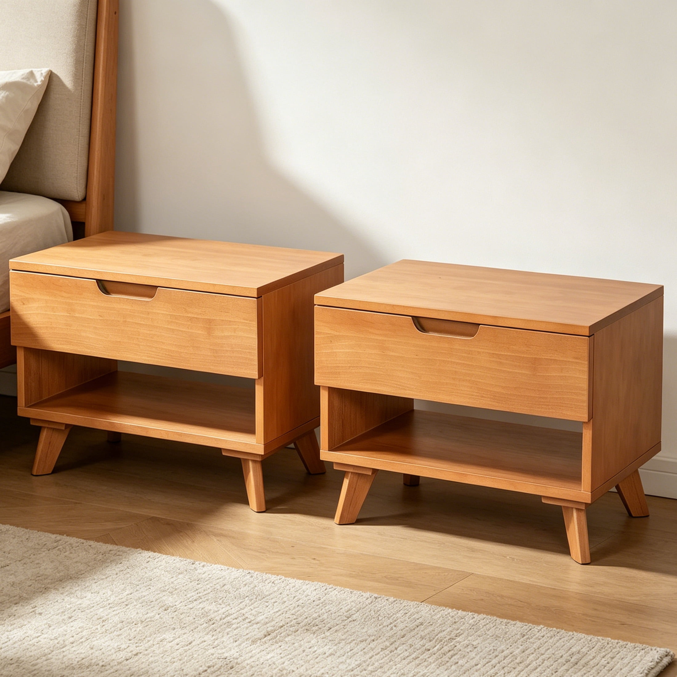 Christopher Knight Home Mid-Century Modern Nightstand with Drawer and Open Shelf, Set of 2, Light Brown