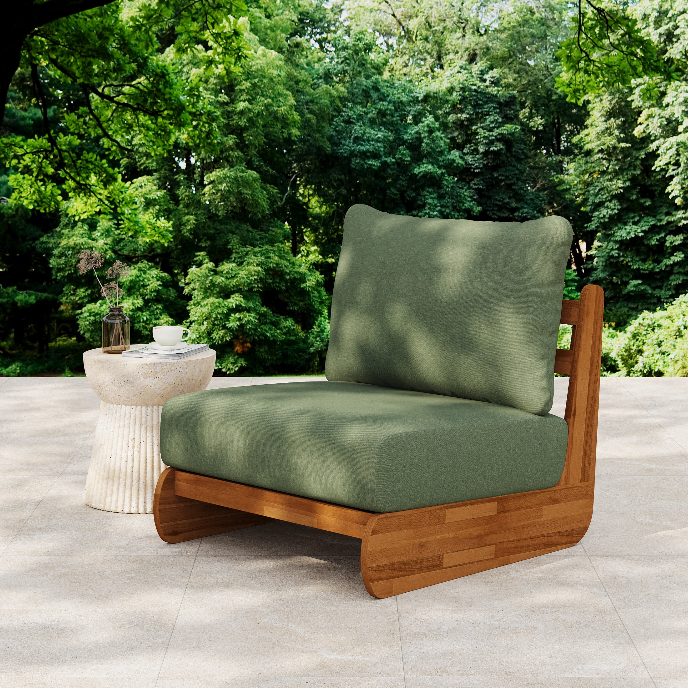 Christopher Knight Home Mid-Century Modern Outdoor Low Lounge Chair with Cushions, Solid Wood Frame, Green