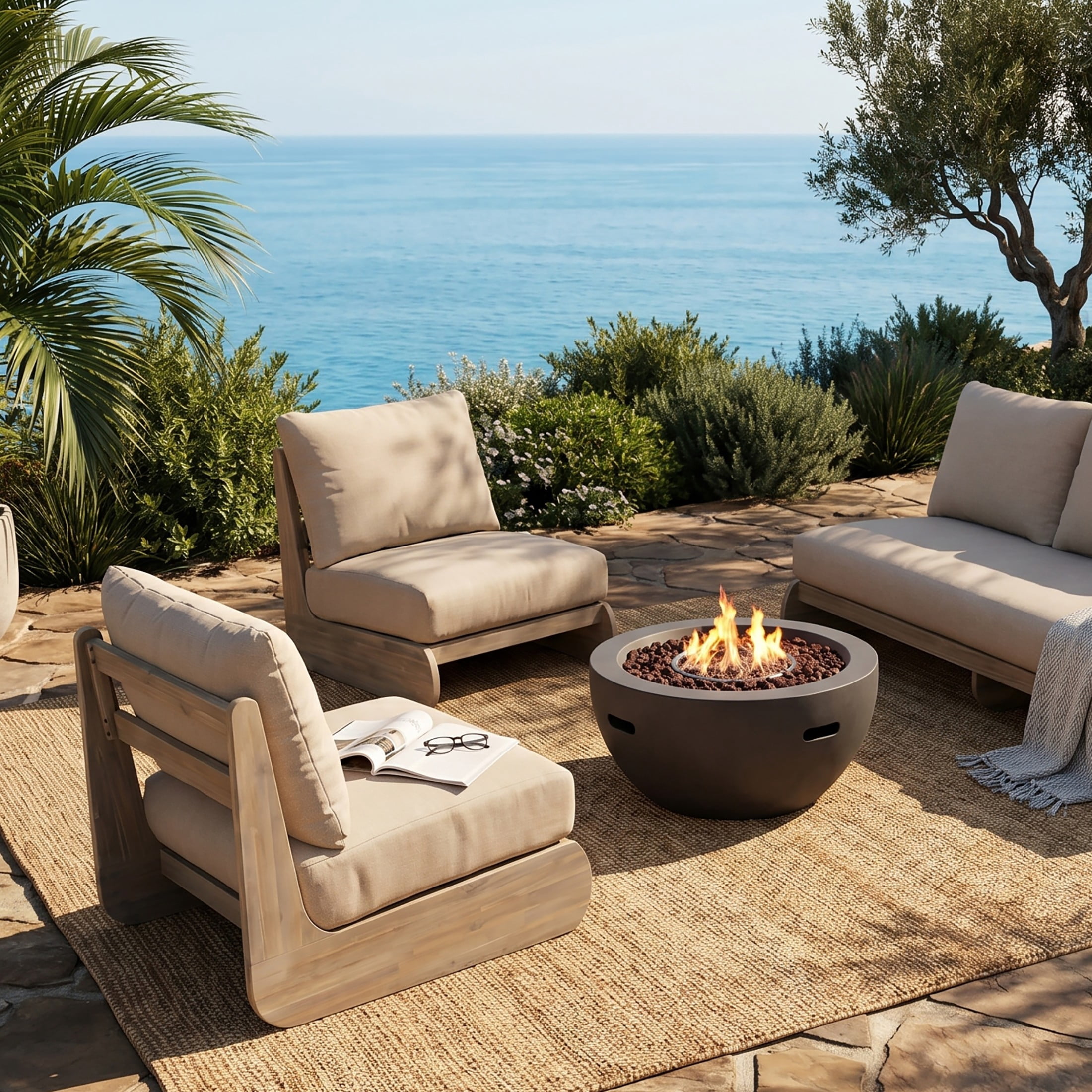 Christopher Knight Home Mid-Century Modern Outdoor Low Lounge Chair with Cushions, Solid Wood Frame, Sand, Set of 2