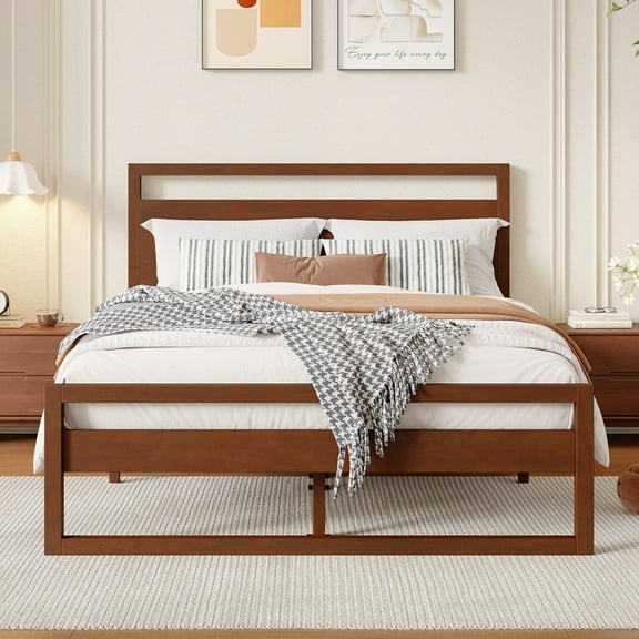 Christopher Knight Home Mid-Century Modern Queen Bed Frame with Headboard, Solid Wood Frame, Walnut Finish