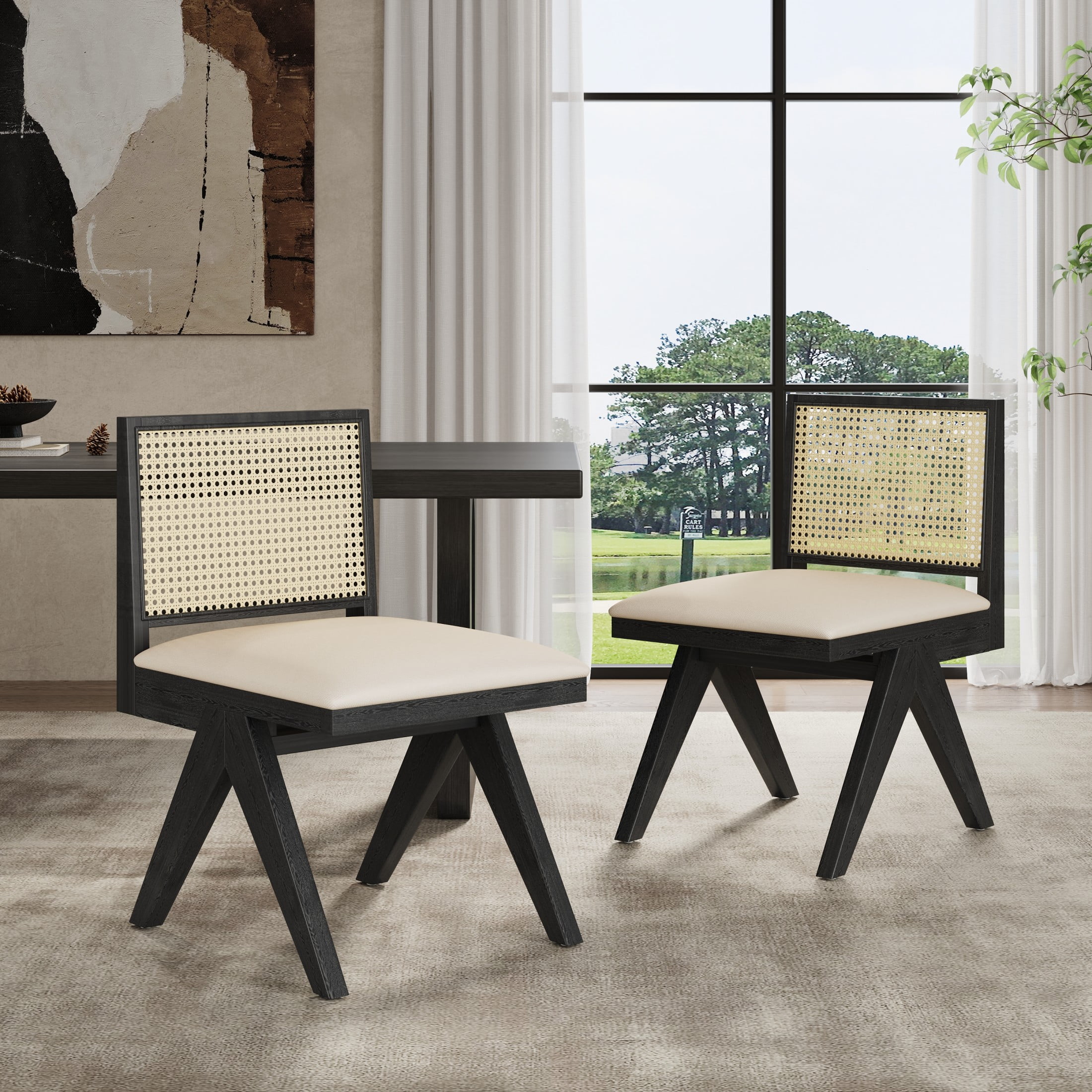 Black Solid Wood and Cane Upholstered Side Chair Set