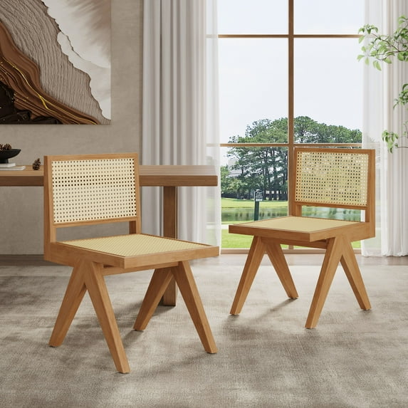 Christopher Knight Home Mid-Century Modern Rattan Dining Chairs, Solid Wood Frame, Woven Seat, Natural, Set of 2