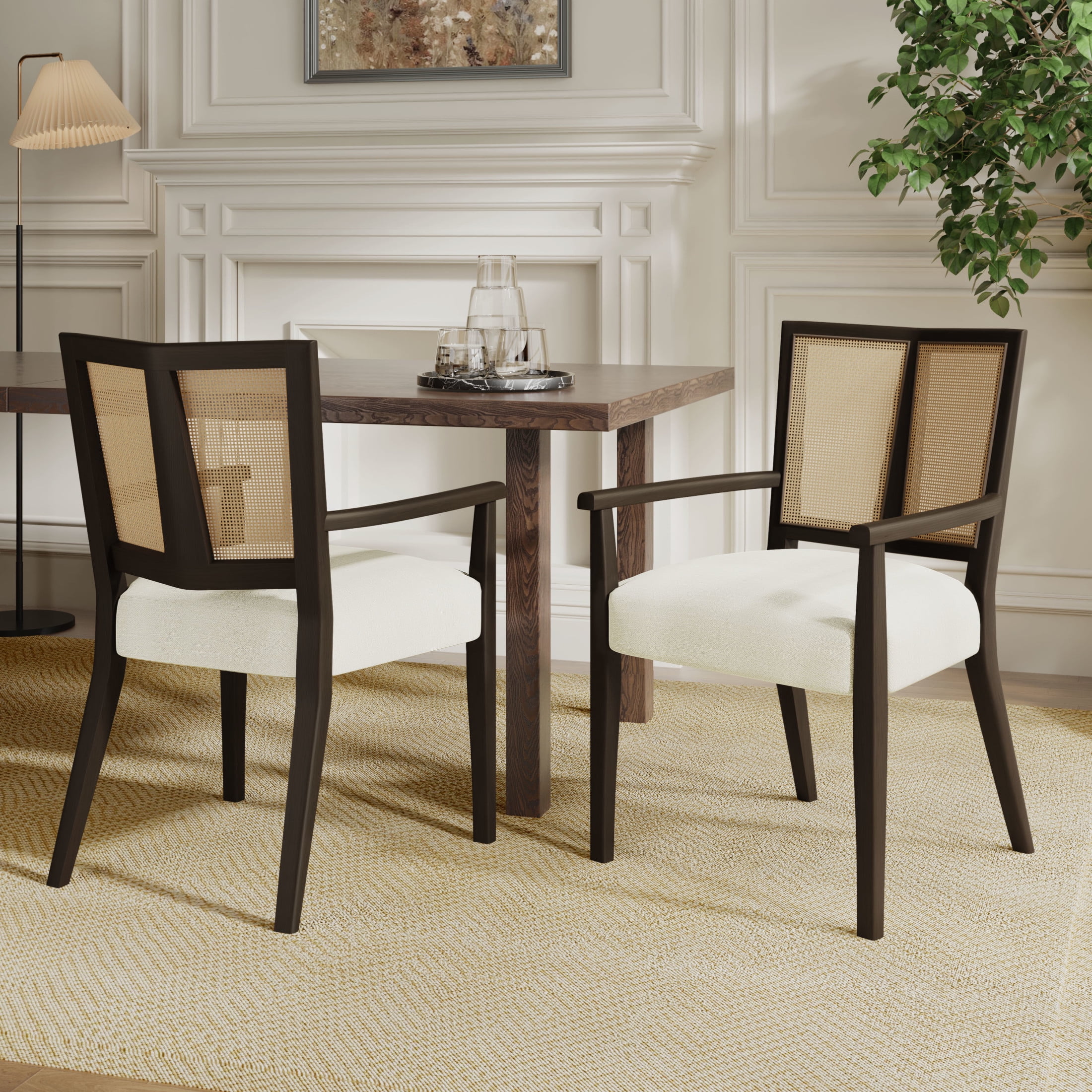 Dark Brown and Beige Rubberwood Arm Chairs with Cane Webbing