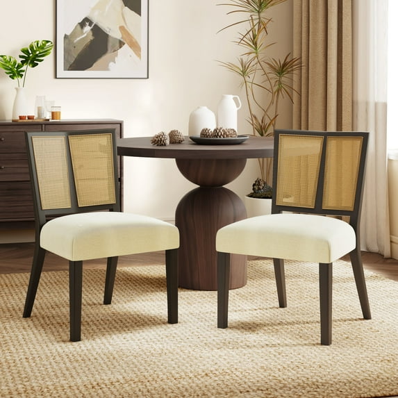 Christopher Knight Home Mid-Century Modern Rattan Dining Chairs, Upholstered Side Chairs, Solid Wood, Dark Brown+Beige, Set of 2