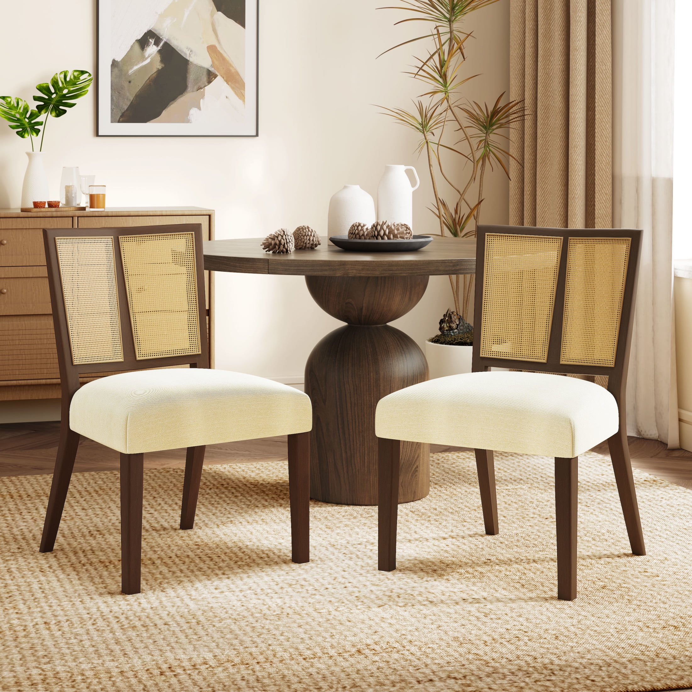 Walnut and Beige High Back Cane Wood Side Chair