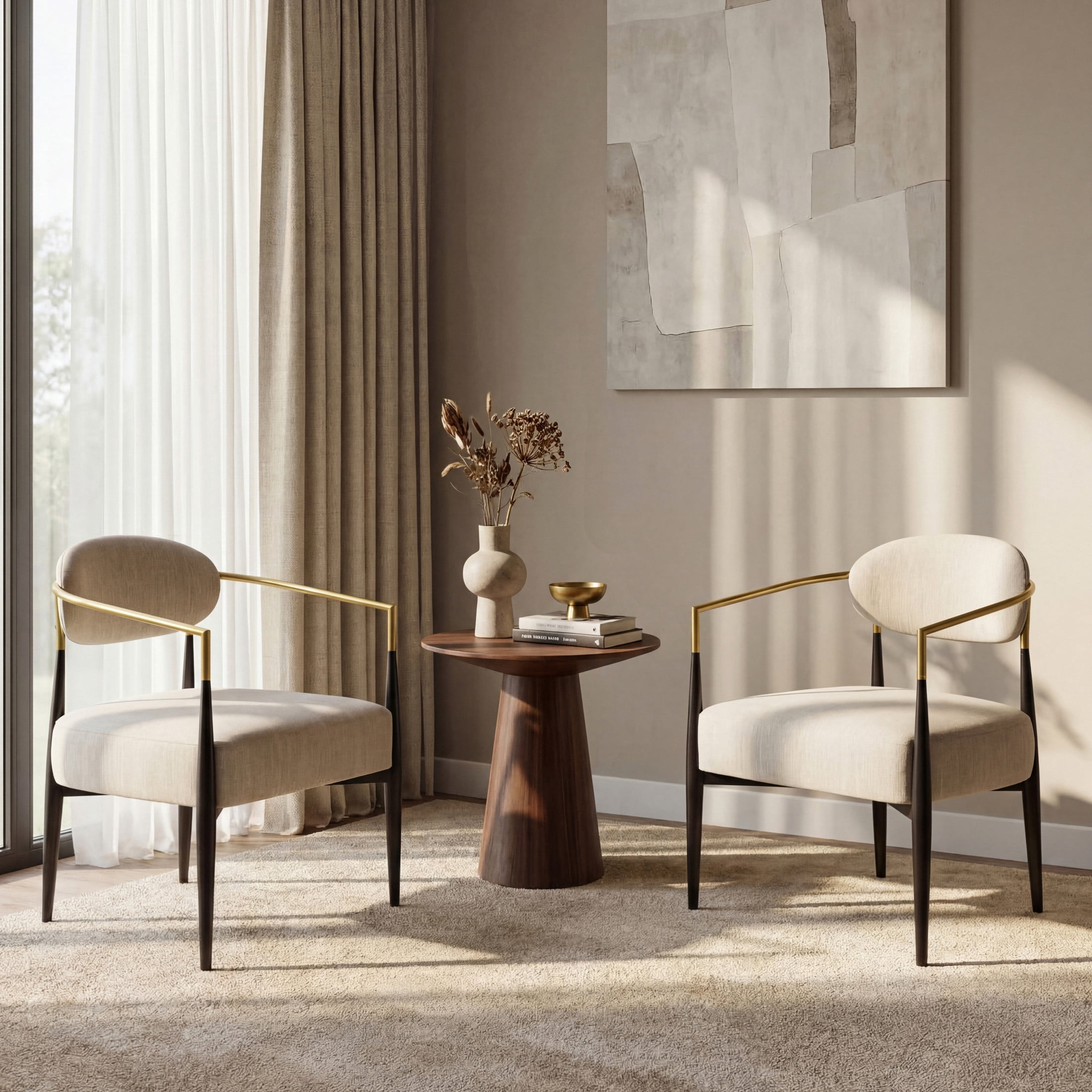 Christopher Knight Home Mid-Century Modern Upholstered Accent Armchair with Metal Legs, Beige+Black+Gold, Set of 2