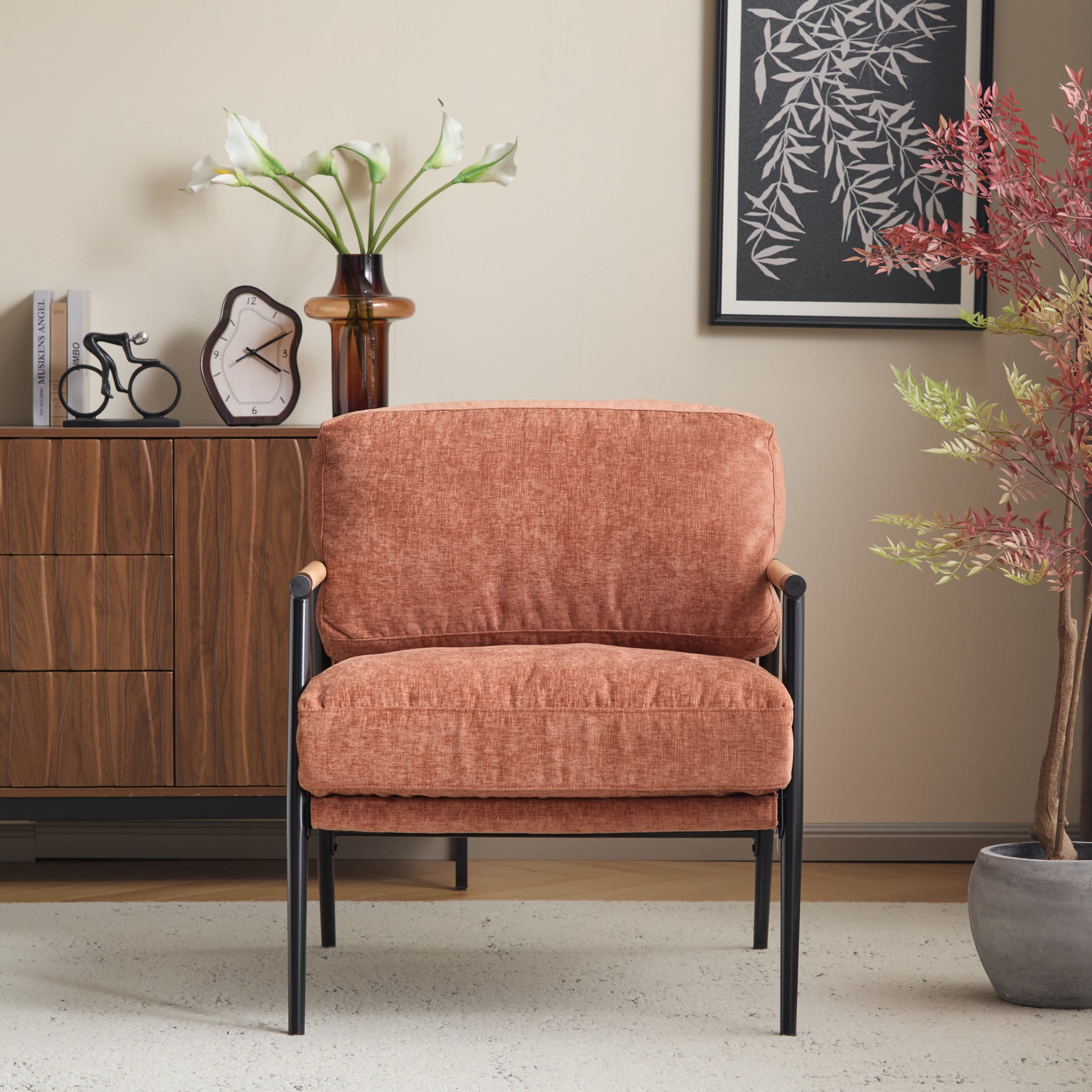 Christopher Knight Home Mid-Century Modern Upholstered Accent Chair, Wooden Armrest, Metal Frame, Orange