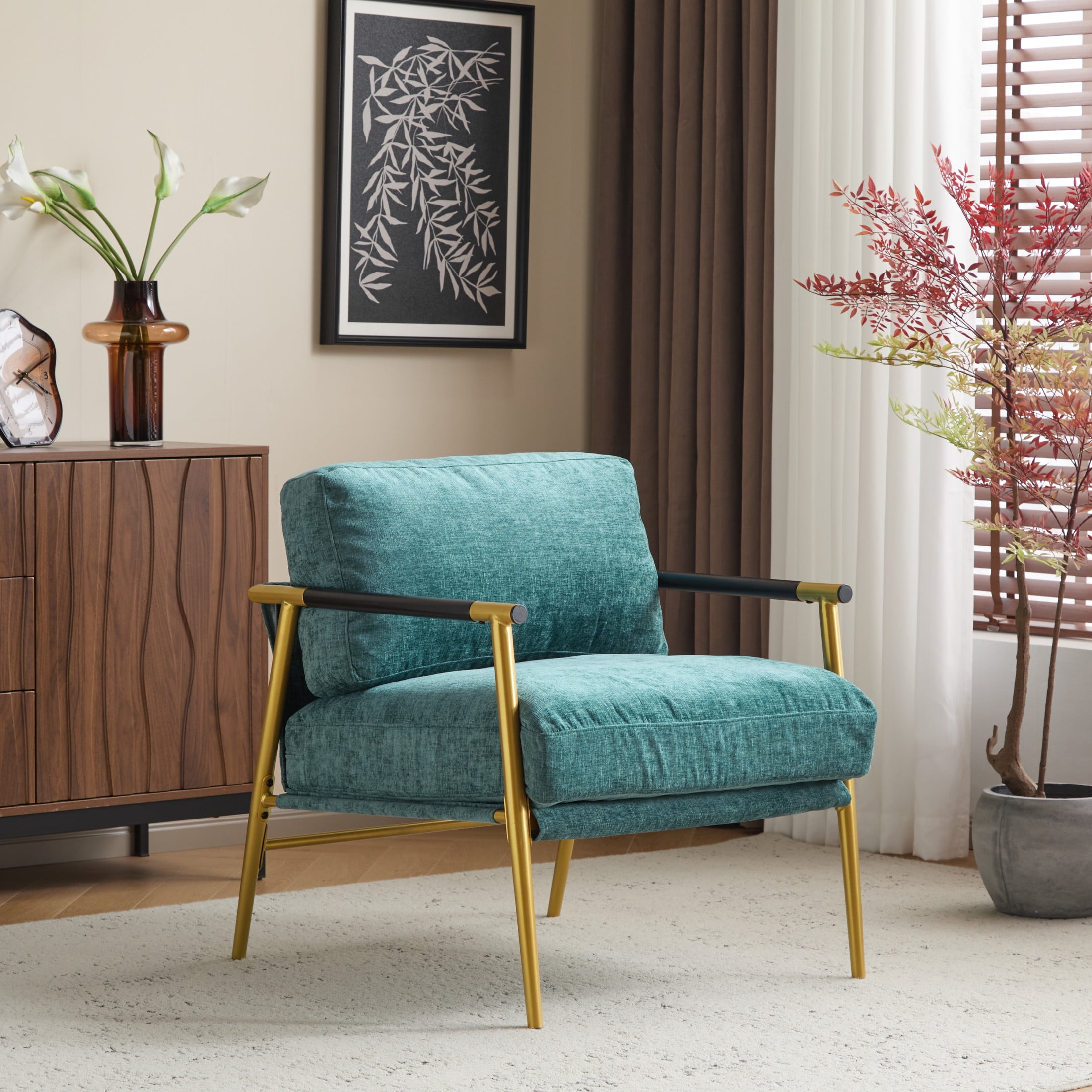 Christopher Knight Home Mid-Century Modern Upholstered Accent Chair, Wooden Armrest, Metal Frame, Teal