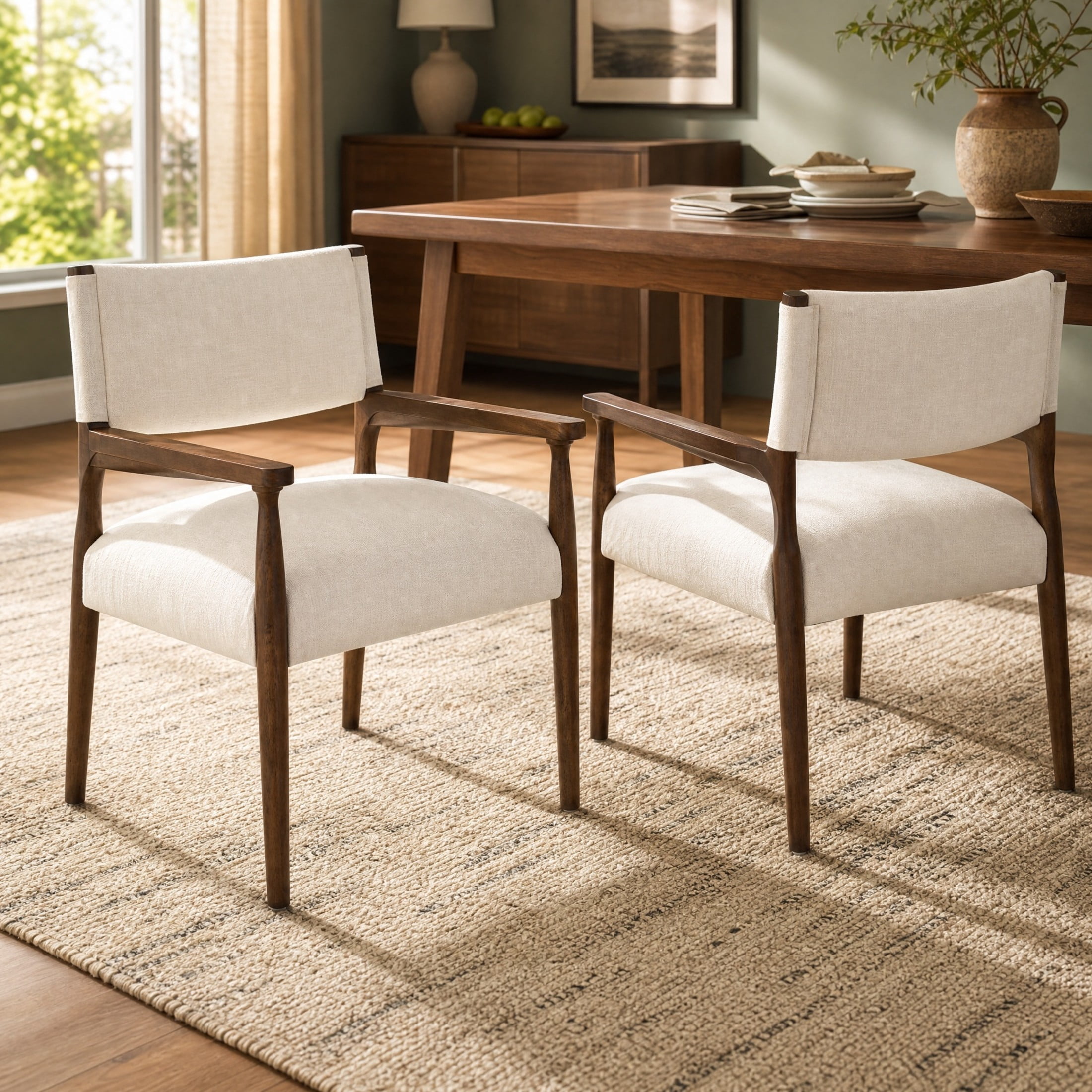 Christopher Knight Home Mid-Century Modern Upholstered Dining Arm Chairs, Beige+Walnut, Set of 2