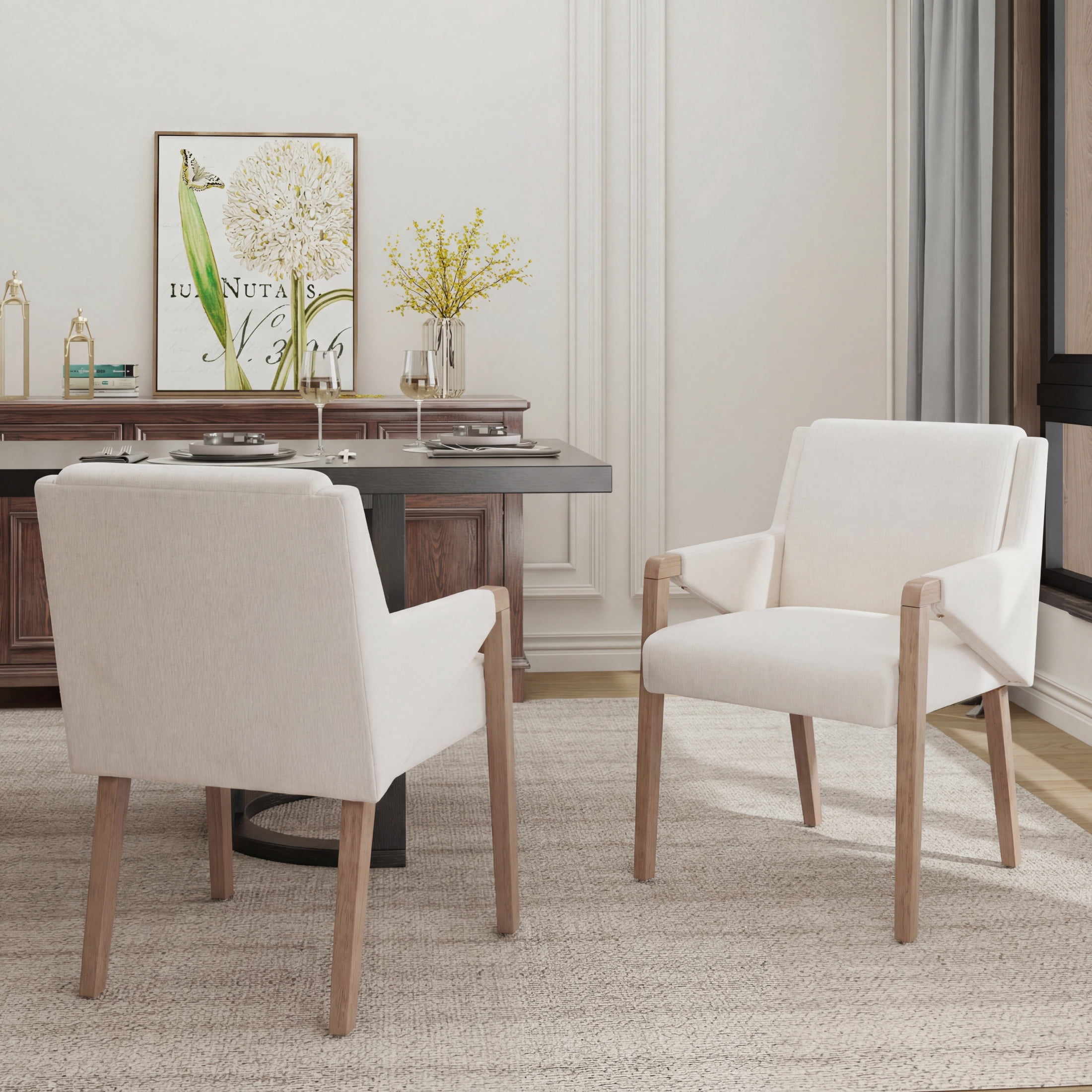 Christopher Knight Home Mid-Century Modern Upholstered Dining Armchairs, Beige+Light Ash, Set of 2