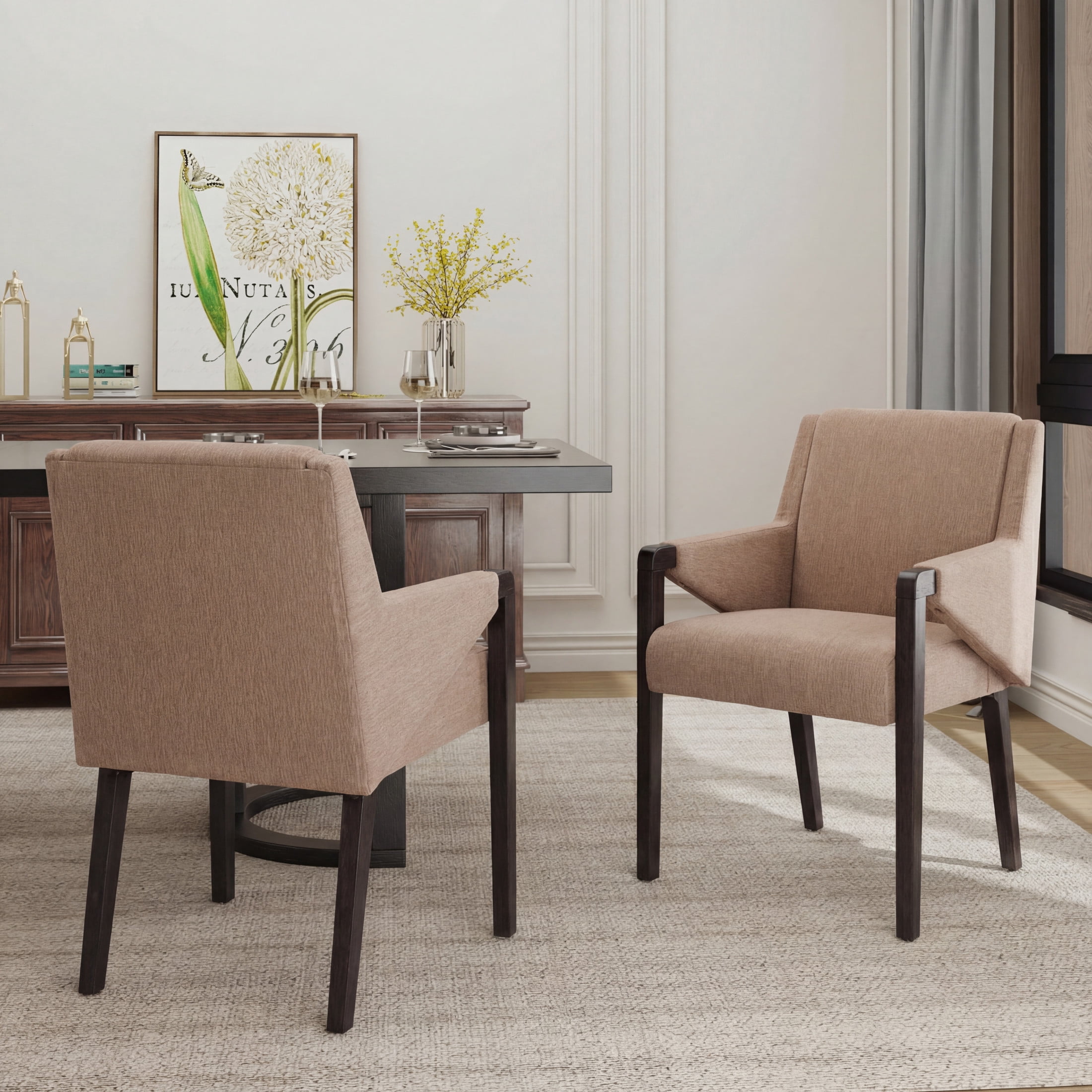 Christopher Knight Home Mid-Century Modern Upholstered Dining Armchairs, Light Brown+Espresso, Set of 2