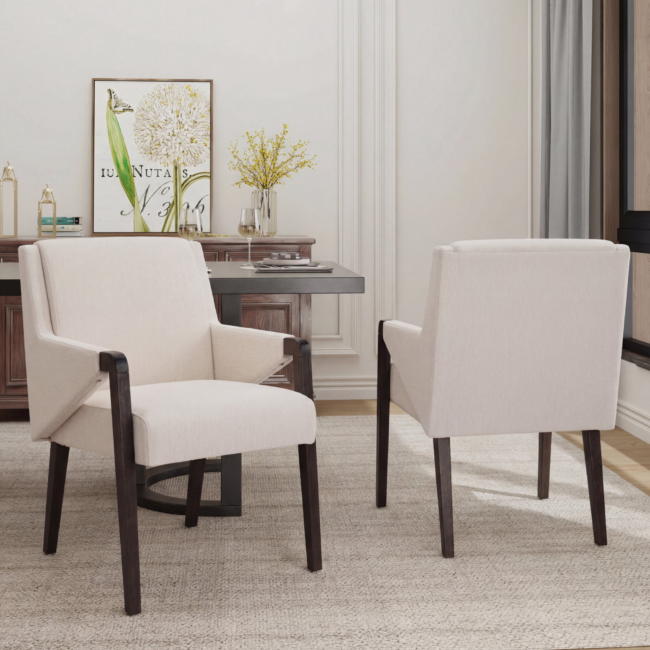 Christopher Knight Home Mid-Century Modern Upholstered Dining Armchairs, Linen+Dark Walnut, Set of 2