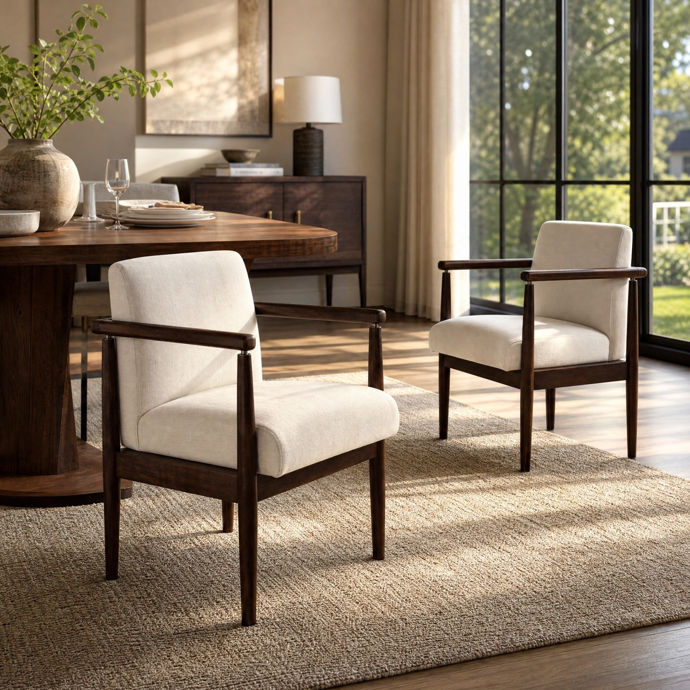 Christopher Knight Home Mid-Century Modern Upholstered Dining Armchairs, Wood Frame, Beige+Walnut, Set of 2