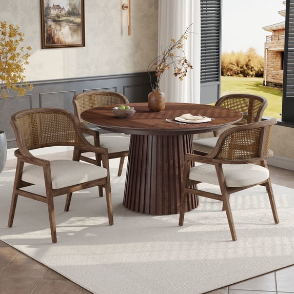 Christopher Knight Home Mid-Century Modern Upholstered Dining Chairs with Rattan Back Set of 4, Beige+Walnut