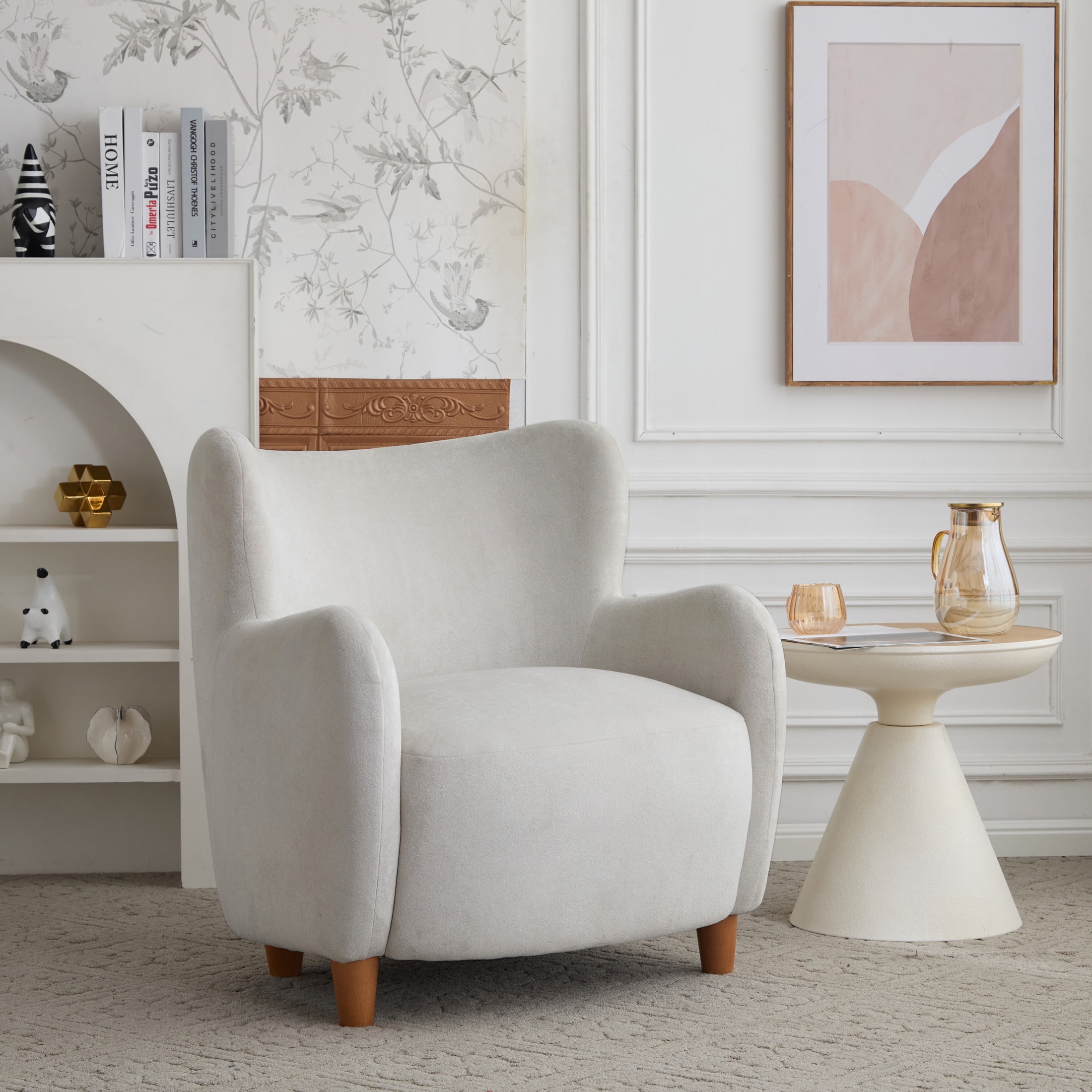 Christopher Knight Home Mid-Century Modern Velvet Wingback Accent Chair with Birch Legs, White