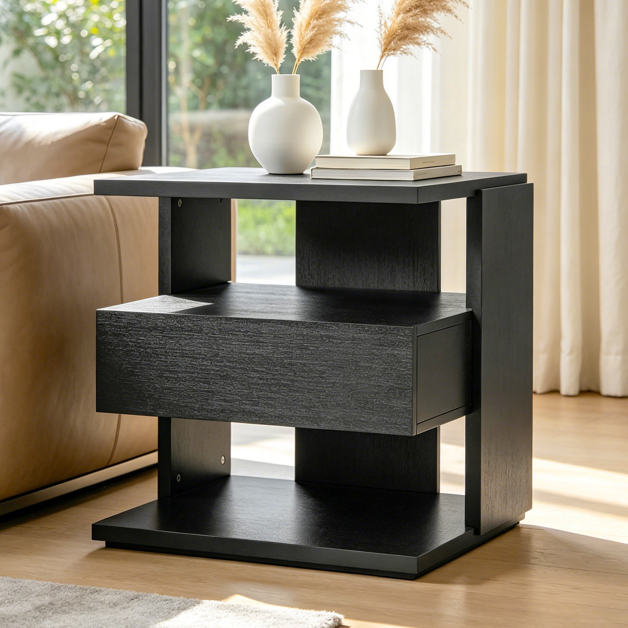 Christopher Knight Home Mid-Century Nightstand with Drawer, Unique C-Shaped Bedside Table, Black