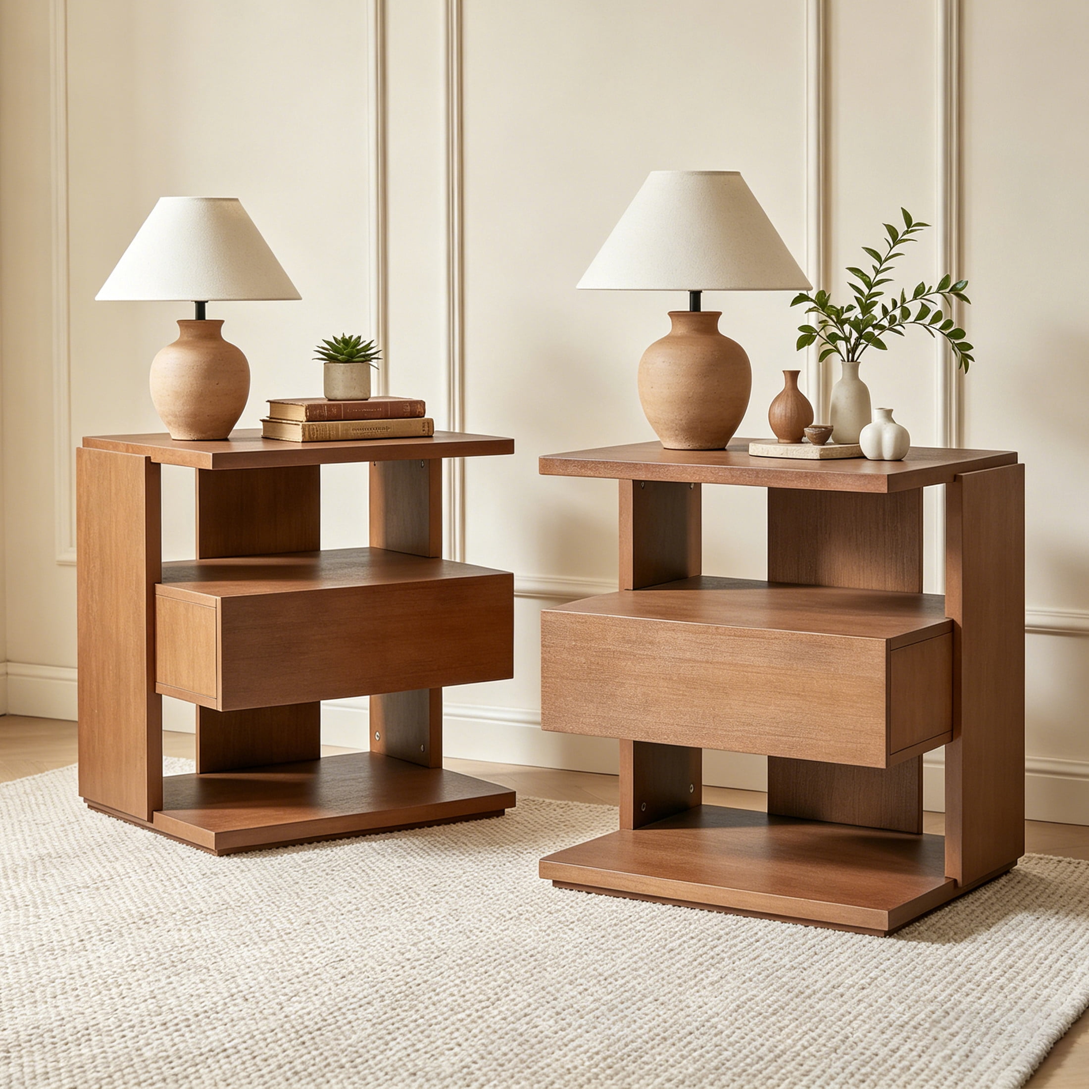 Christopher Knight Home Mid-Century Nightstand with Drawer, Unique C-Shaped Bedside Table, Brown, Set of 2