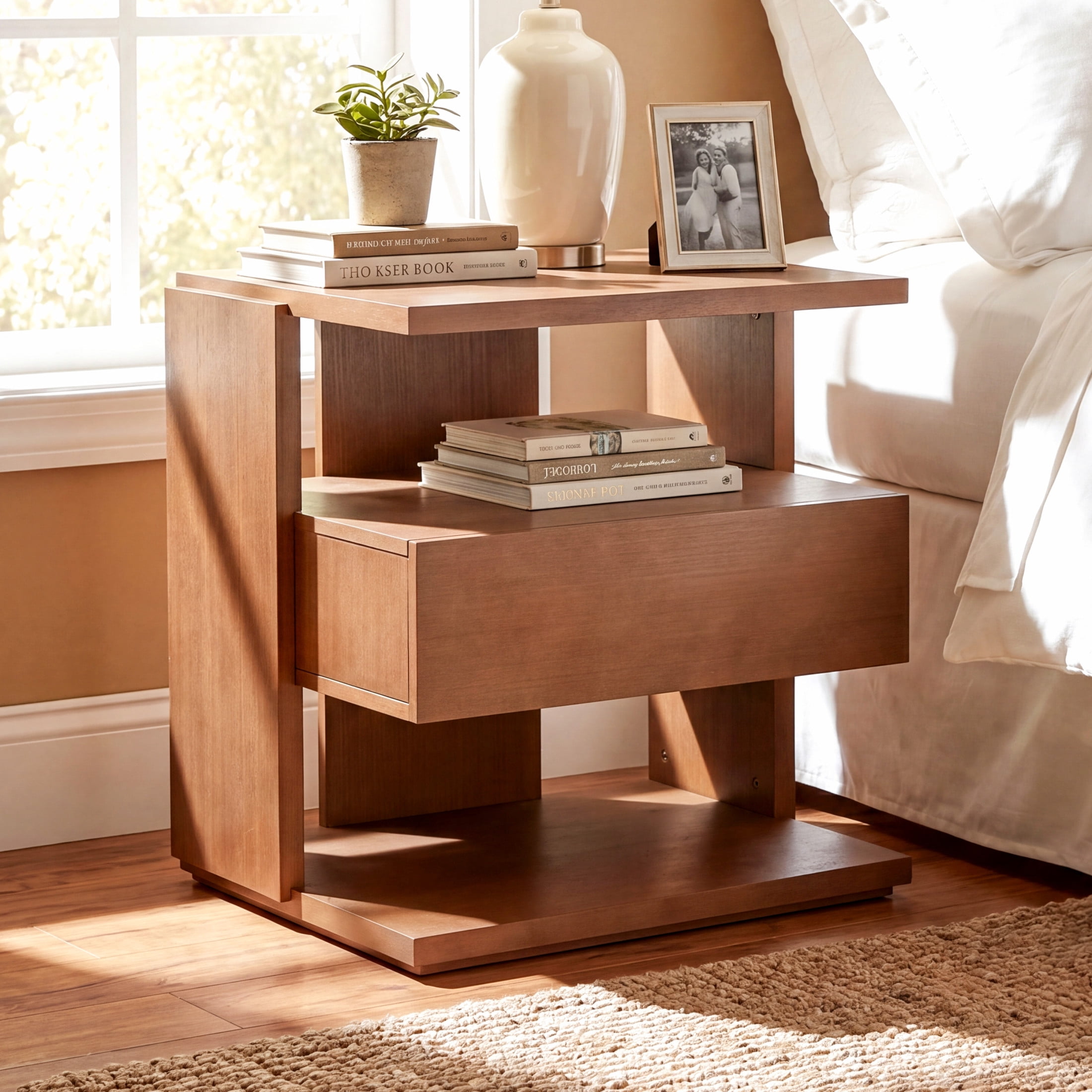 Christopher Knight Home Mid-Century Nightstand with Drawer, Unique C-Shaped Bedside Table, Brown