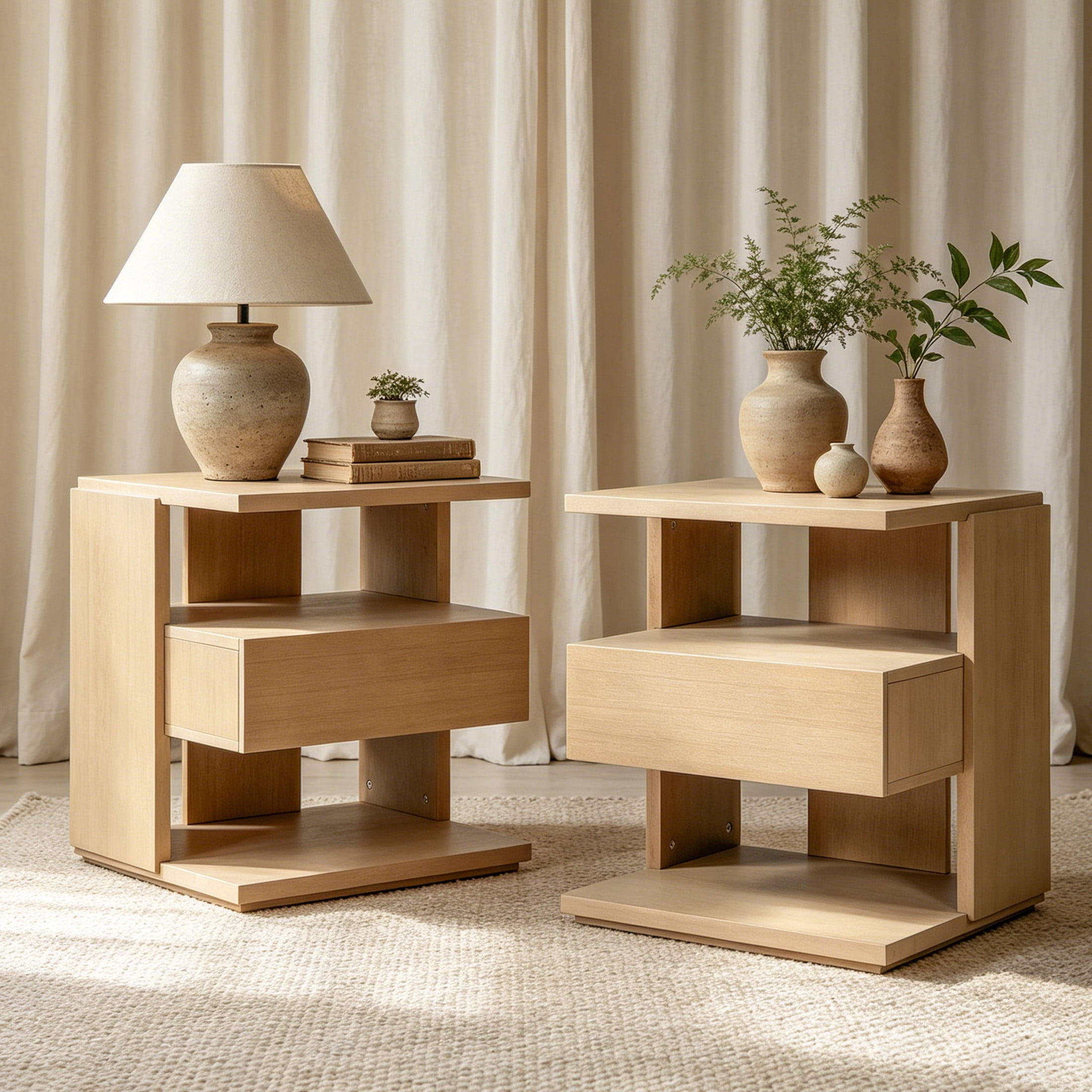 Christopher Knight Home Mid-Century Nightstand with Drawer, Unique C-Shaped Bedside Table, Natural, Set of 2