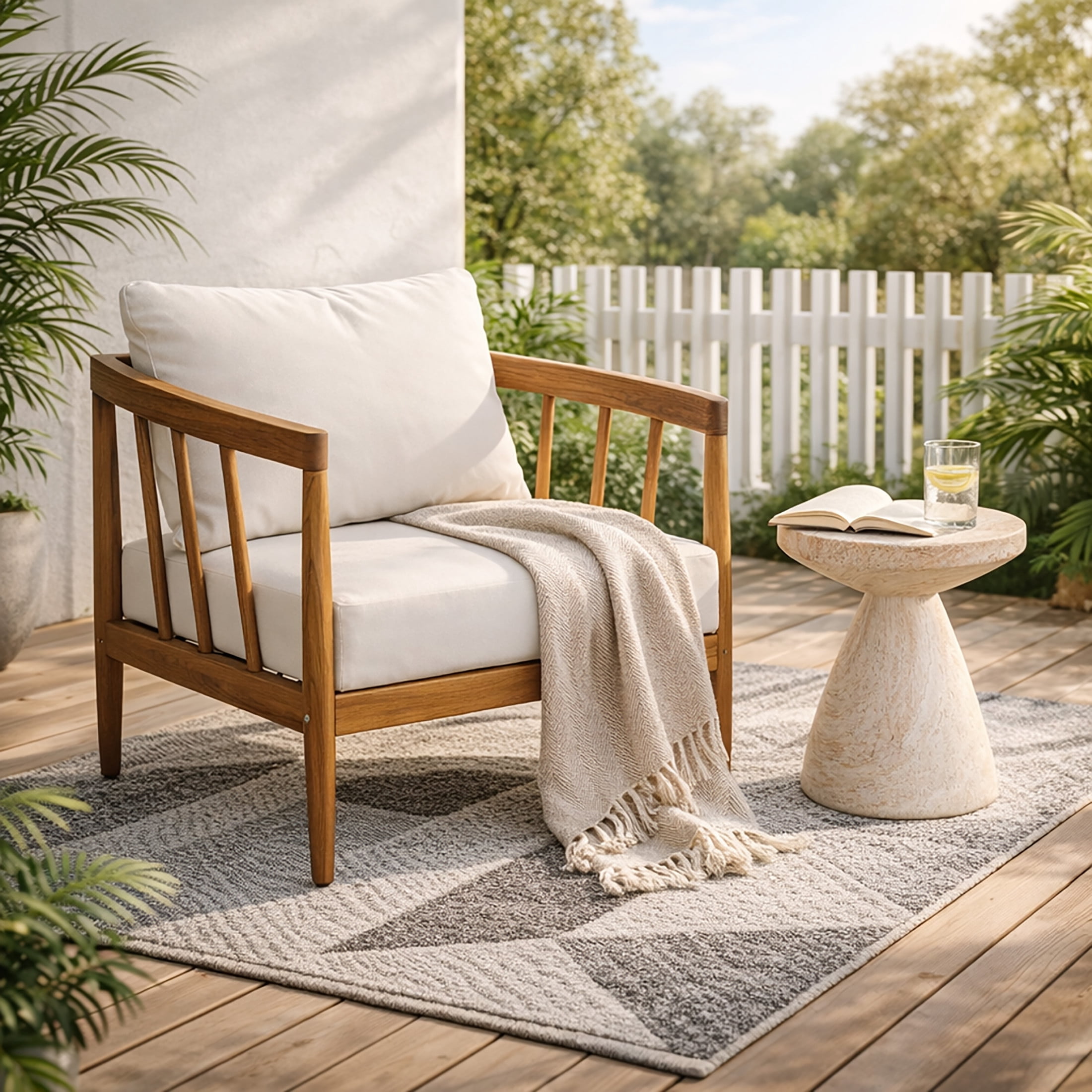 Christopher Knight Home Mid-Century Outdoor Acacia Wood Club Chair with Water Repellent Cushions, Teak+Cream