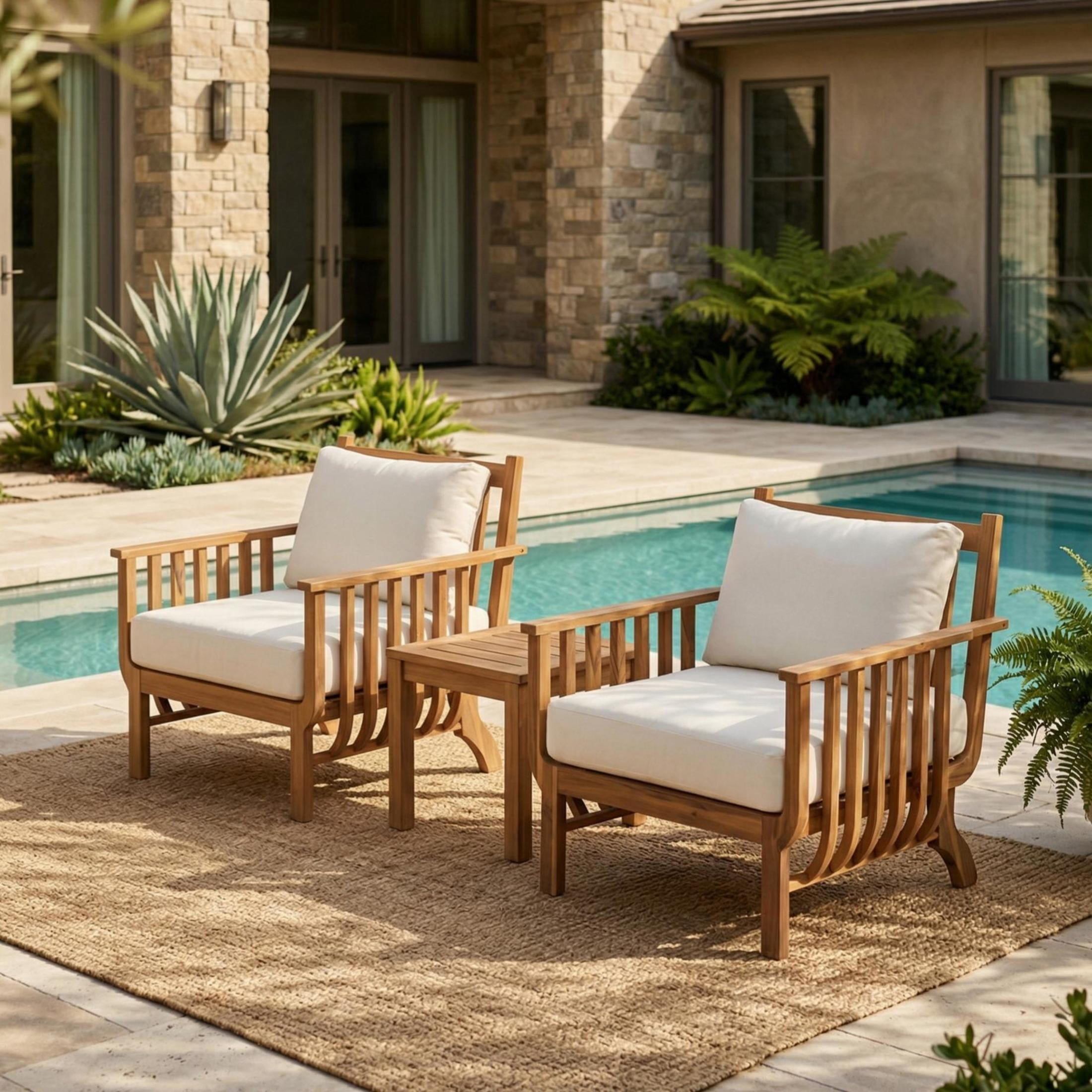 Christopher Knight Home Mid-Century Outdoor Club Chair, Acacia Wood Frame with Cushion, Natural+Beige, Set of 2