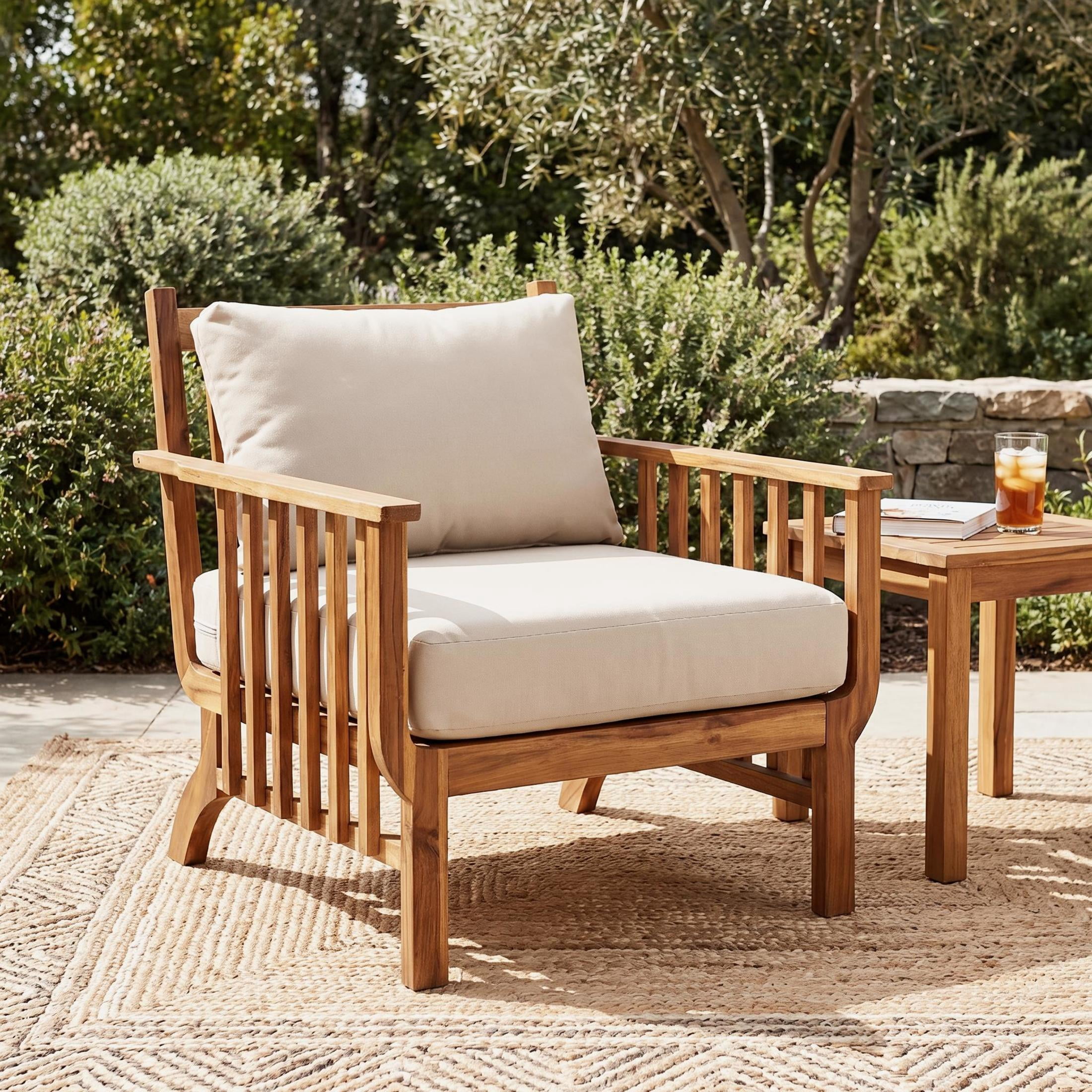 Christopher Knight Home Mid-Century Outdoor Club Chair, Acacia Wood Frame with Cushion, Natural+Beige
