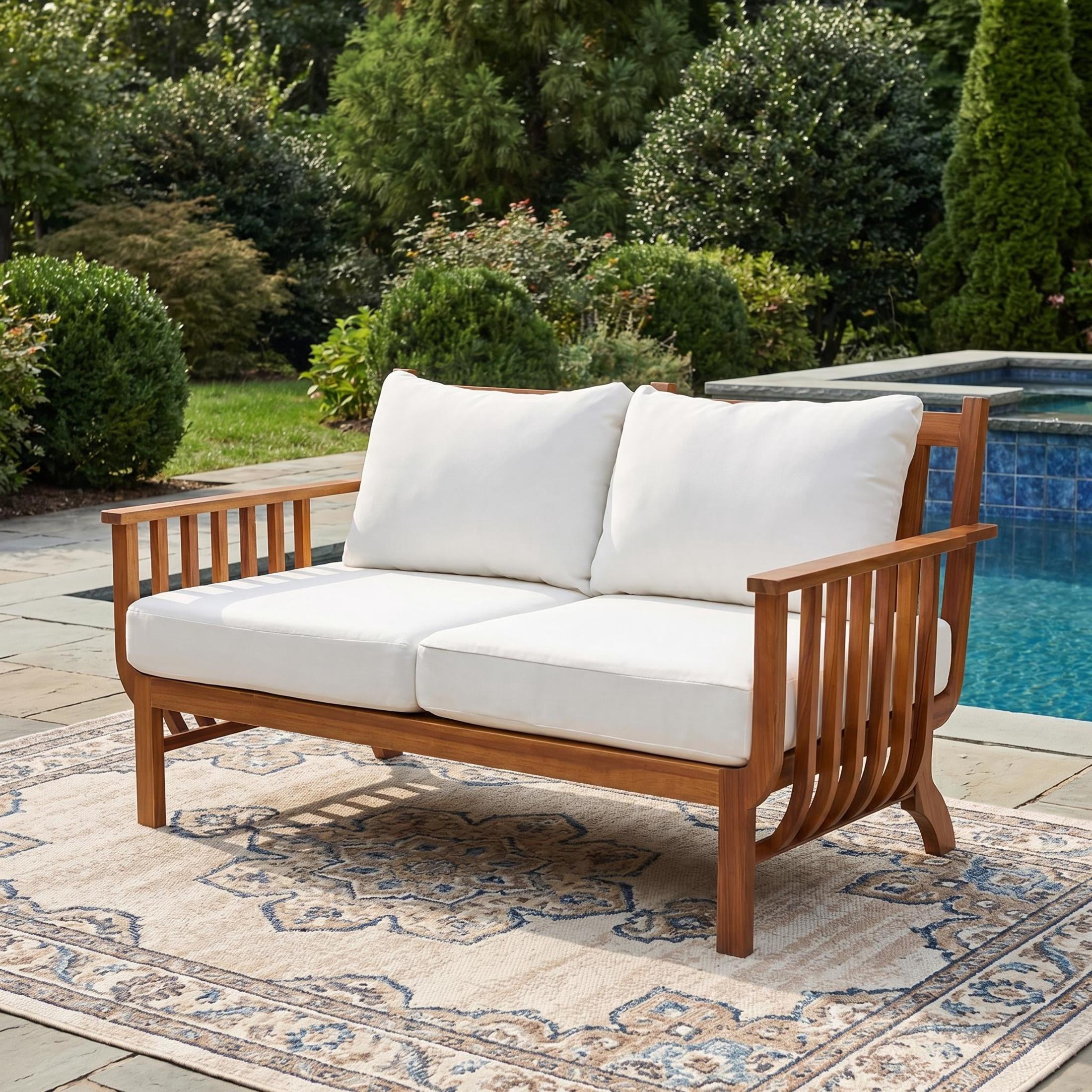 Christopher Knight Home Mid-Century Outdoor Loveseat, Acacia Wood Frame with Cushion, Natural+Beige