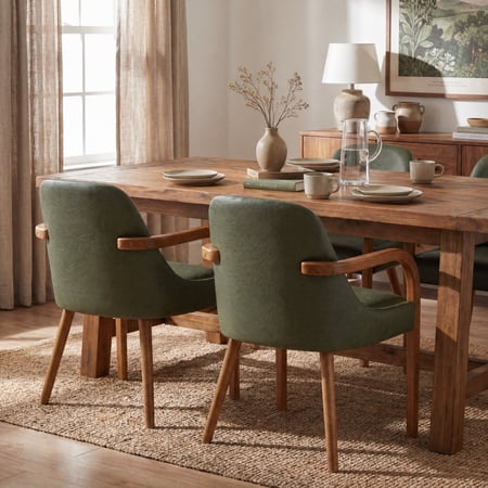 Christopher Knight Home Mid-Century PU Upholstered Dining Chairs with Wood Legs, Green, Set of 2