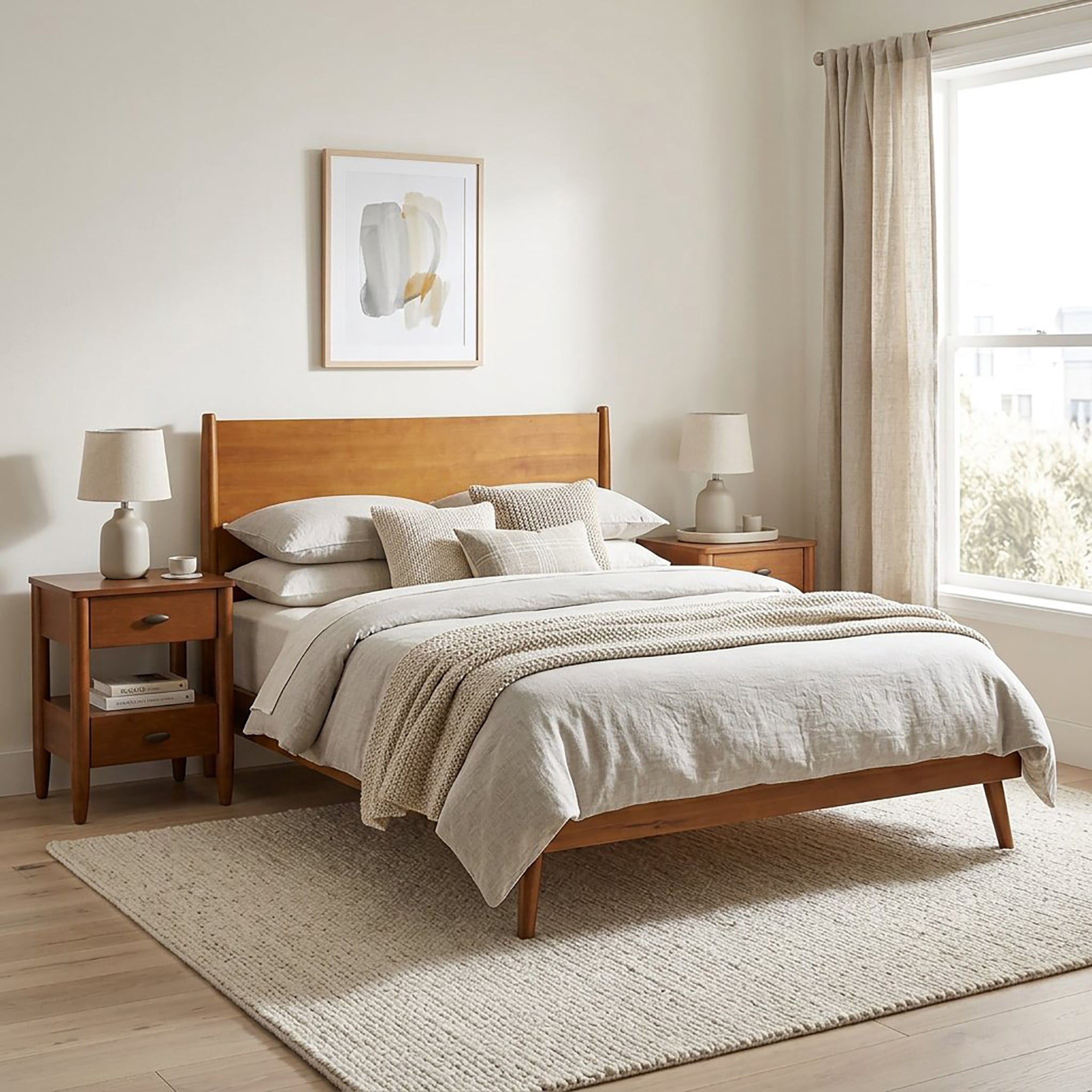 Christopher Knight Home Mid-Century Queen Bedroom Furniture Set, Solid Wood Bed with 2 Nightstands, Natural+Walnut