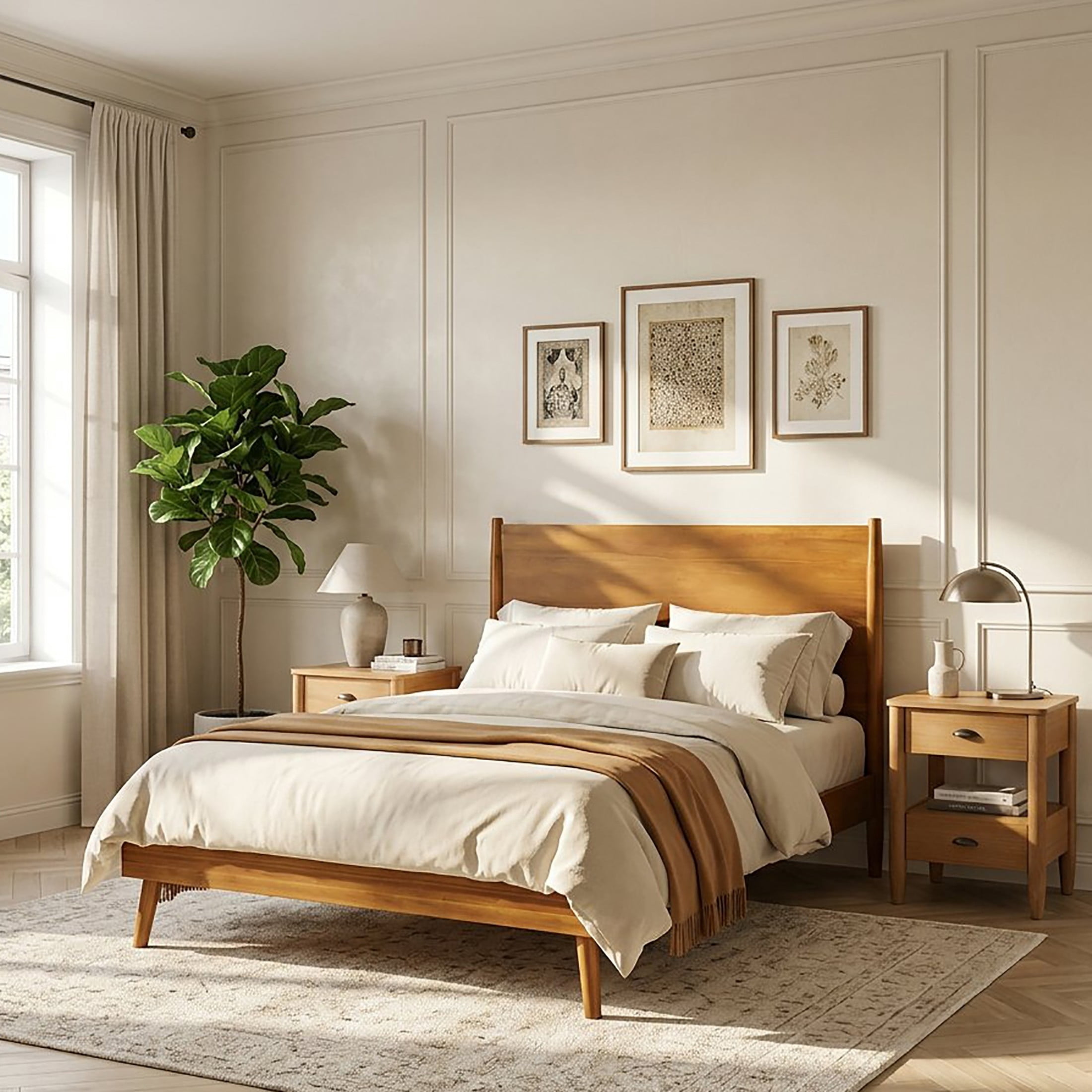 Christopher Knight Home Mid-Century Queen Bedroom Furniture Set, Solid Wood Bed with 2 Nightstands, Natural