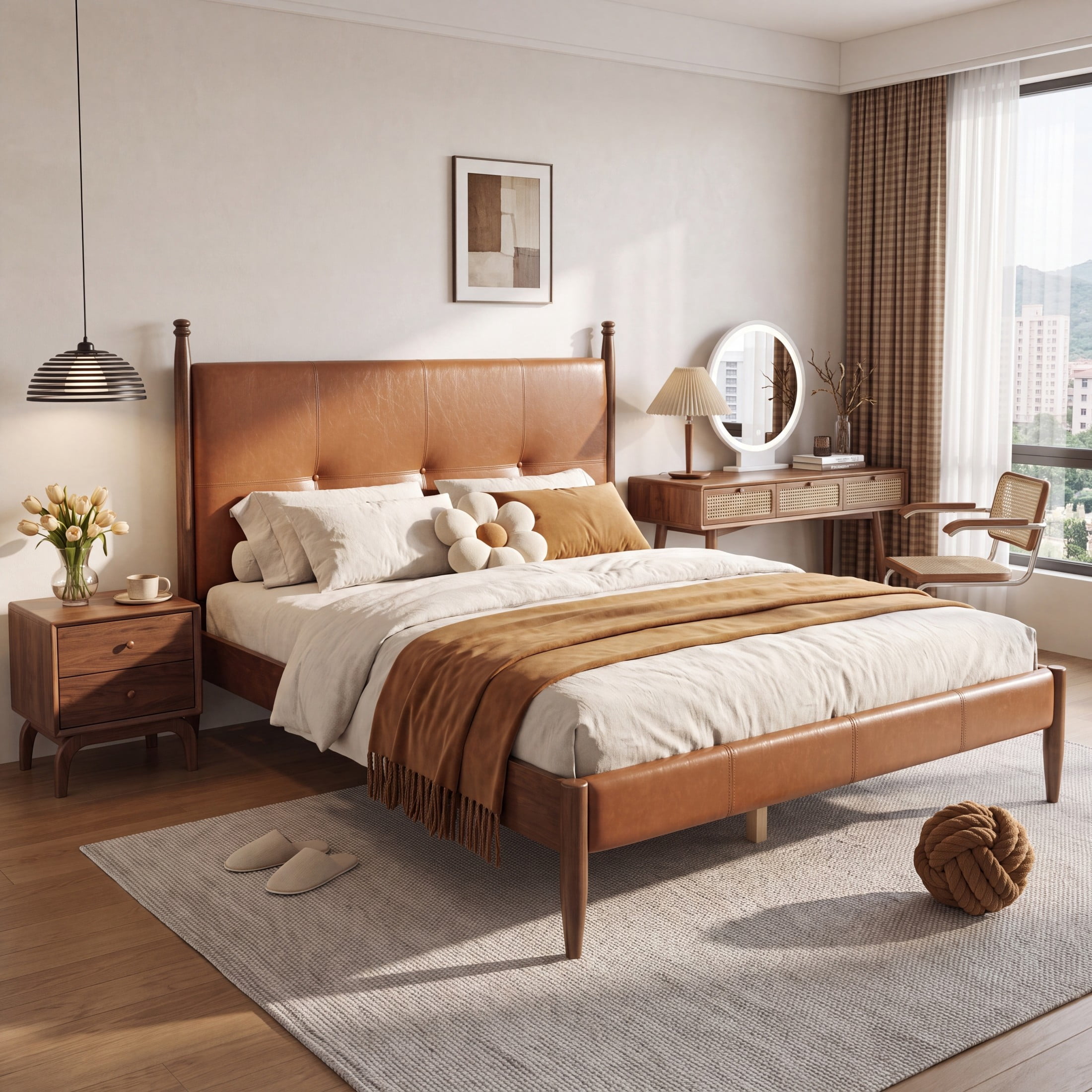 Christopher Knight Home Mid-Century Queen PU Upholstered Platform Bed with Tufted Headboard, Brown