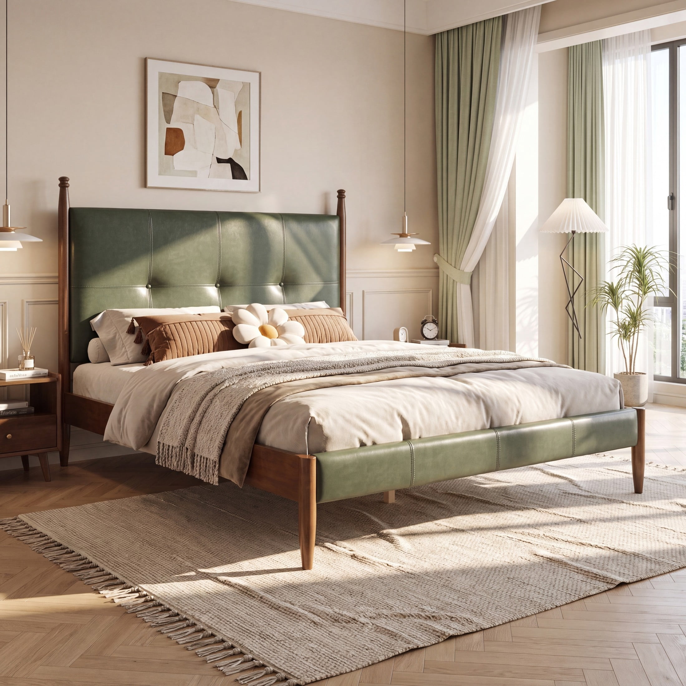 Christopher Knight Home Mid-Century Queen PU Upholstered Platform Bed with Tufted Headboard, Green