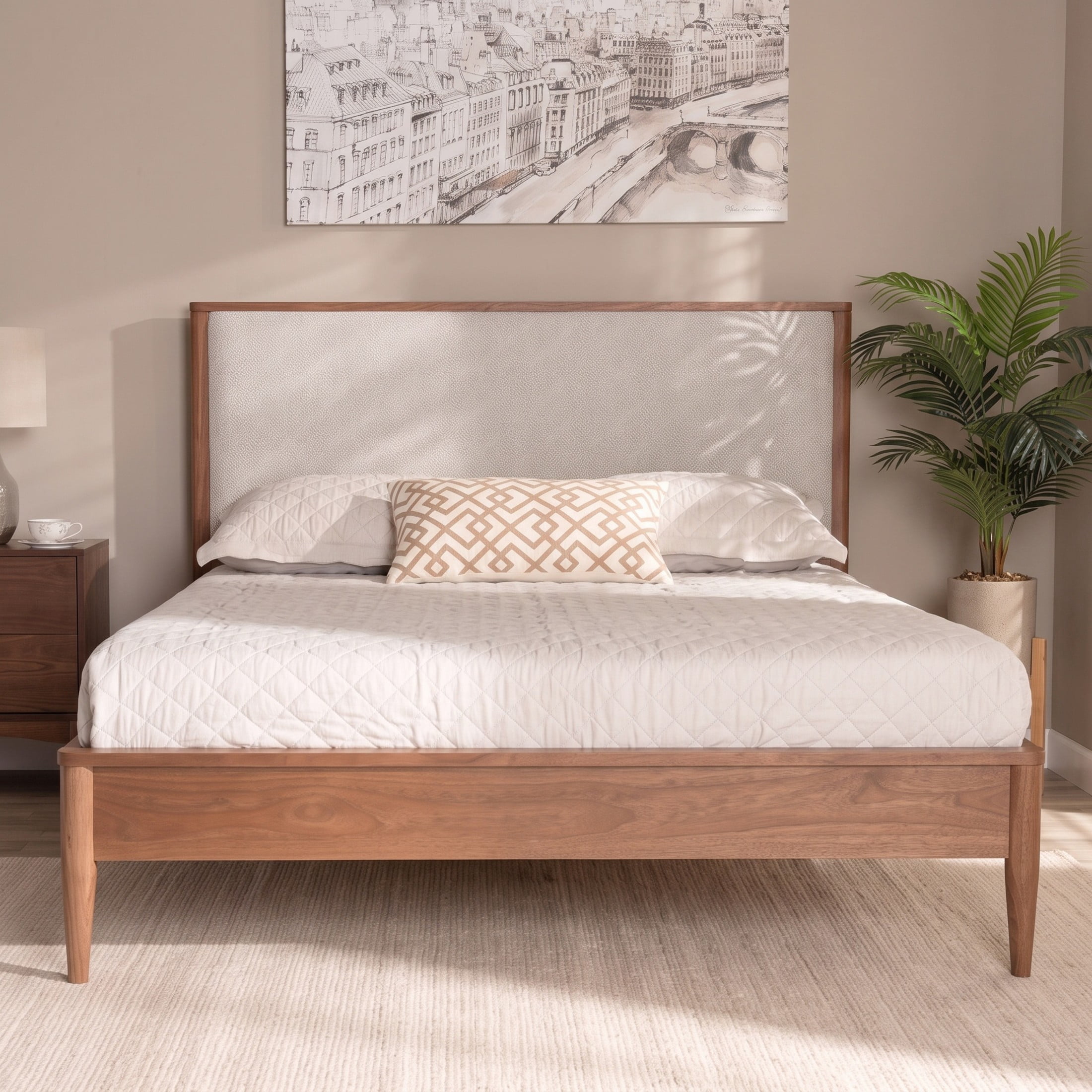Christopher Knight Home Mid-Century Queen Platform Bed Frame with Boucle Upholstered Headboard, Walnut