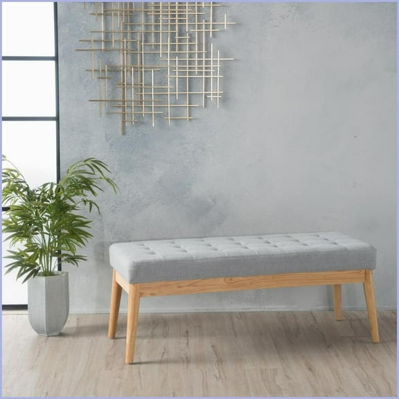 Christopher Knight Home Mid-Century Tufted Bench with Solid Birch Legs | Light Grey | Fabric