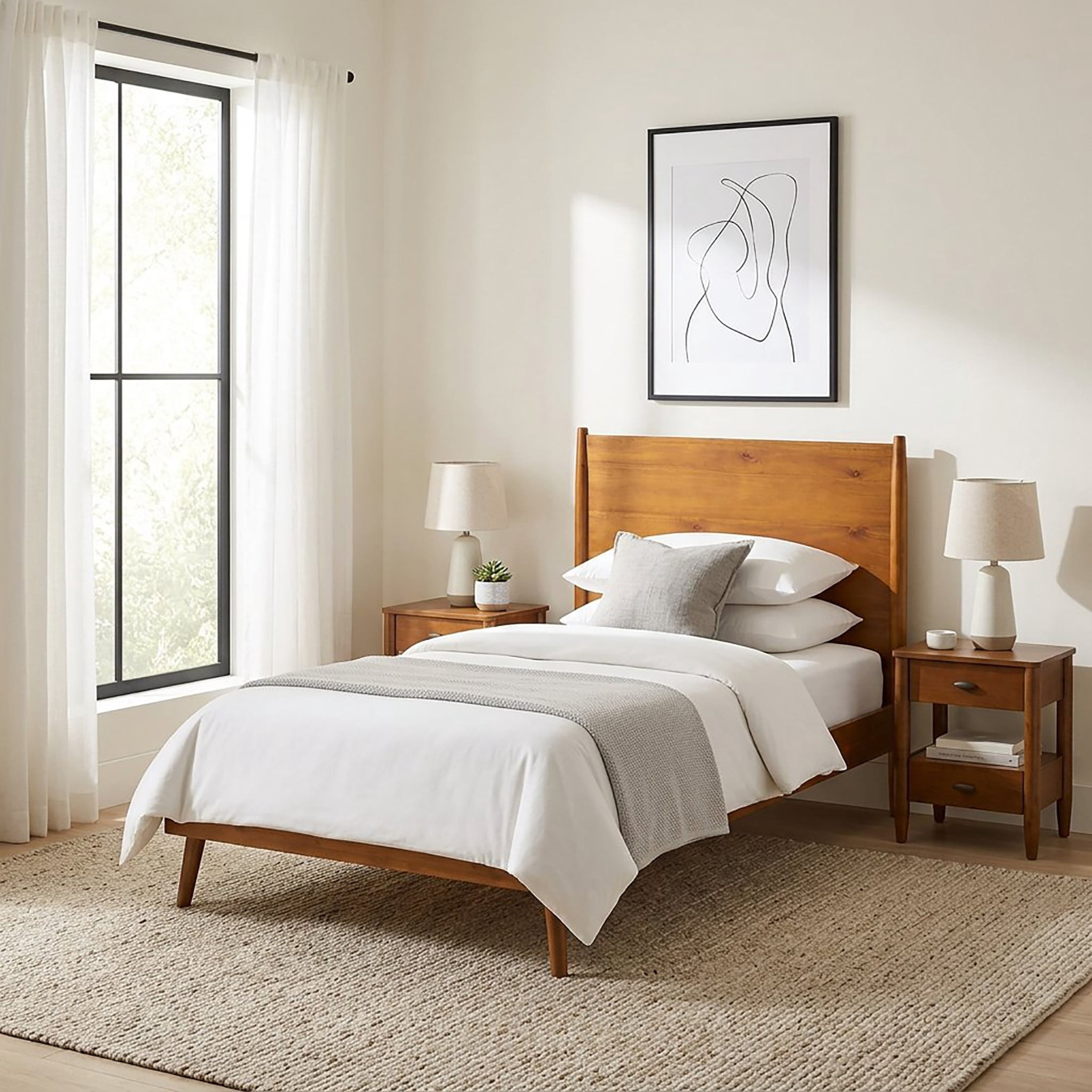Christopher Knight Home Mid-Century Twin XL Bedroom Furniture Set, Solid Wood Bed with 2 Nightstands, Natural+Walnut