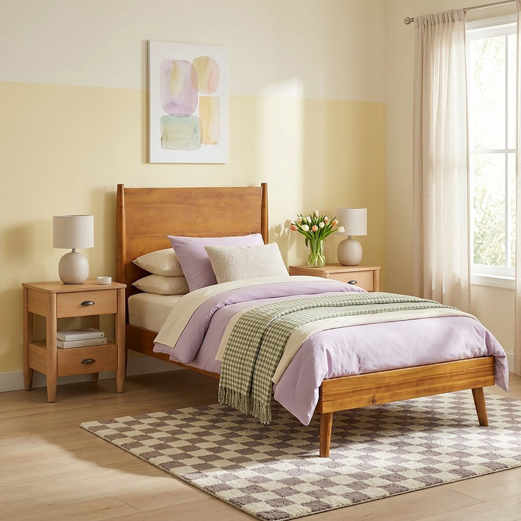 Christopher Knight Home Mid-Century Twin XL Bedroom Furniture Set, Solid Wood Bed with 2 Nightstands, Natural