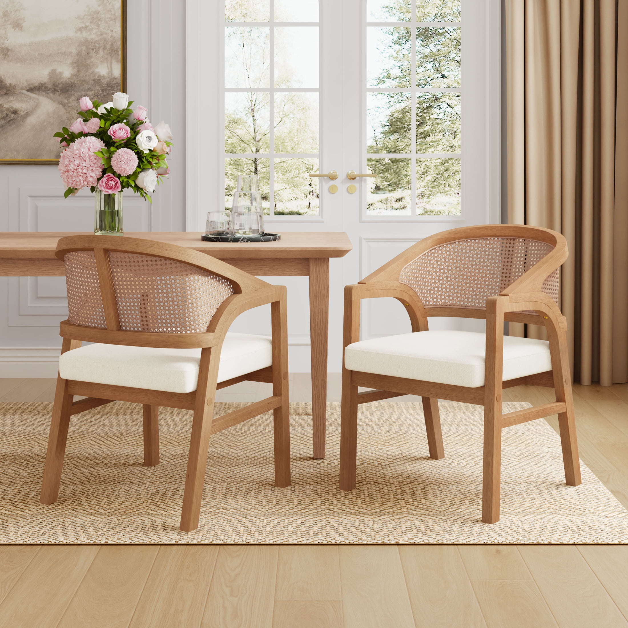 Christopher Knight Home Mid-Century Upholstered Dining Chairs, Solid Wood, Cane Backs, Beige, Set of 2