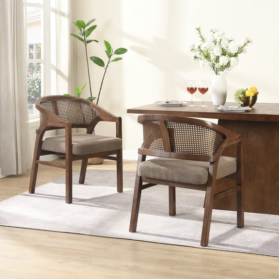Christopher Knight Home Mid-Century Upholstered Dining Chairs, Solid Wood, Cane Backs, Brown, Set of 2