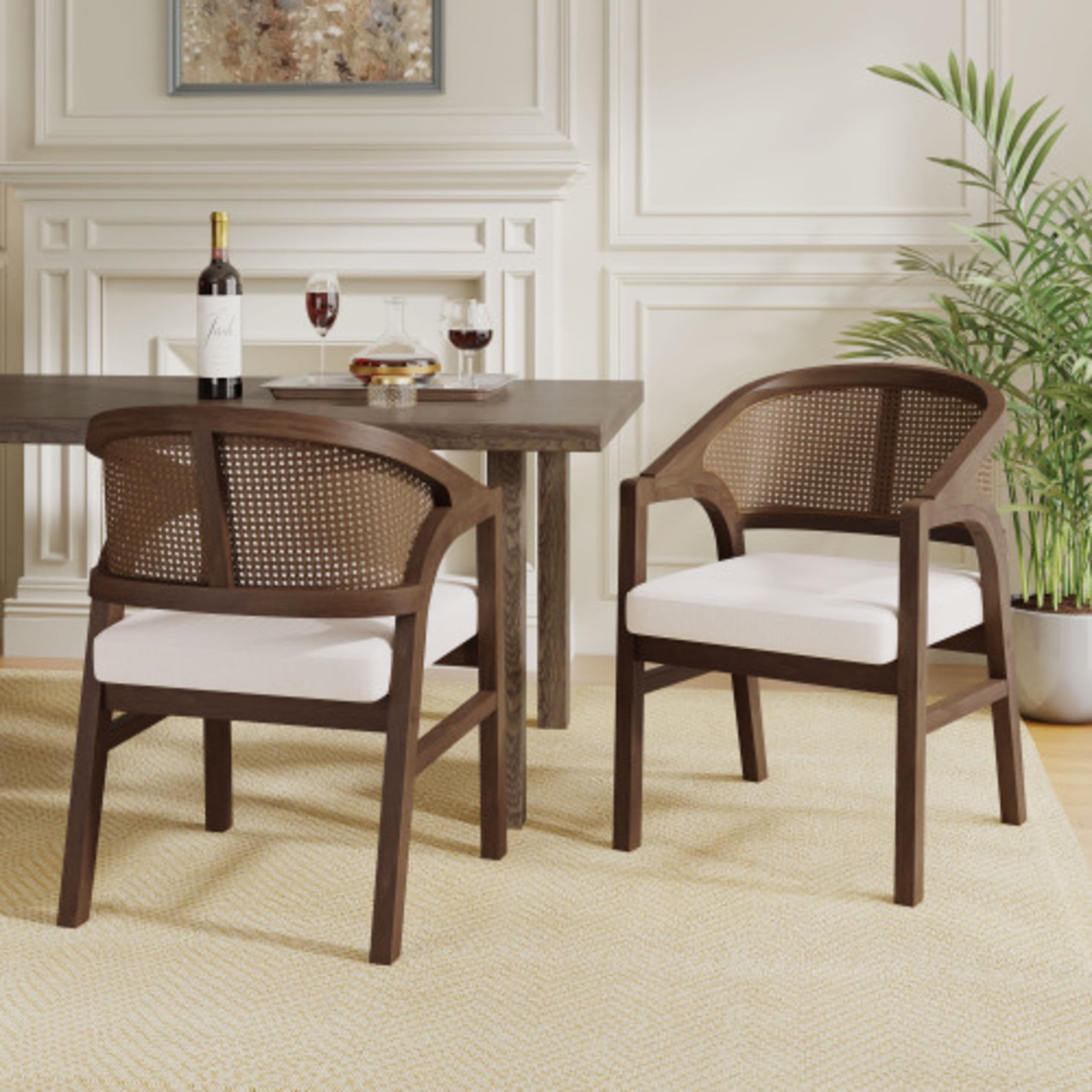 Christopher Knight Home Mid-Century Upholstered Dining Chairs, Solid Wood, Cane Backs, Walnut, Set of 2