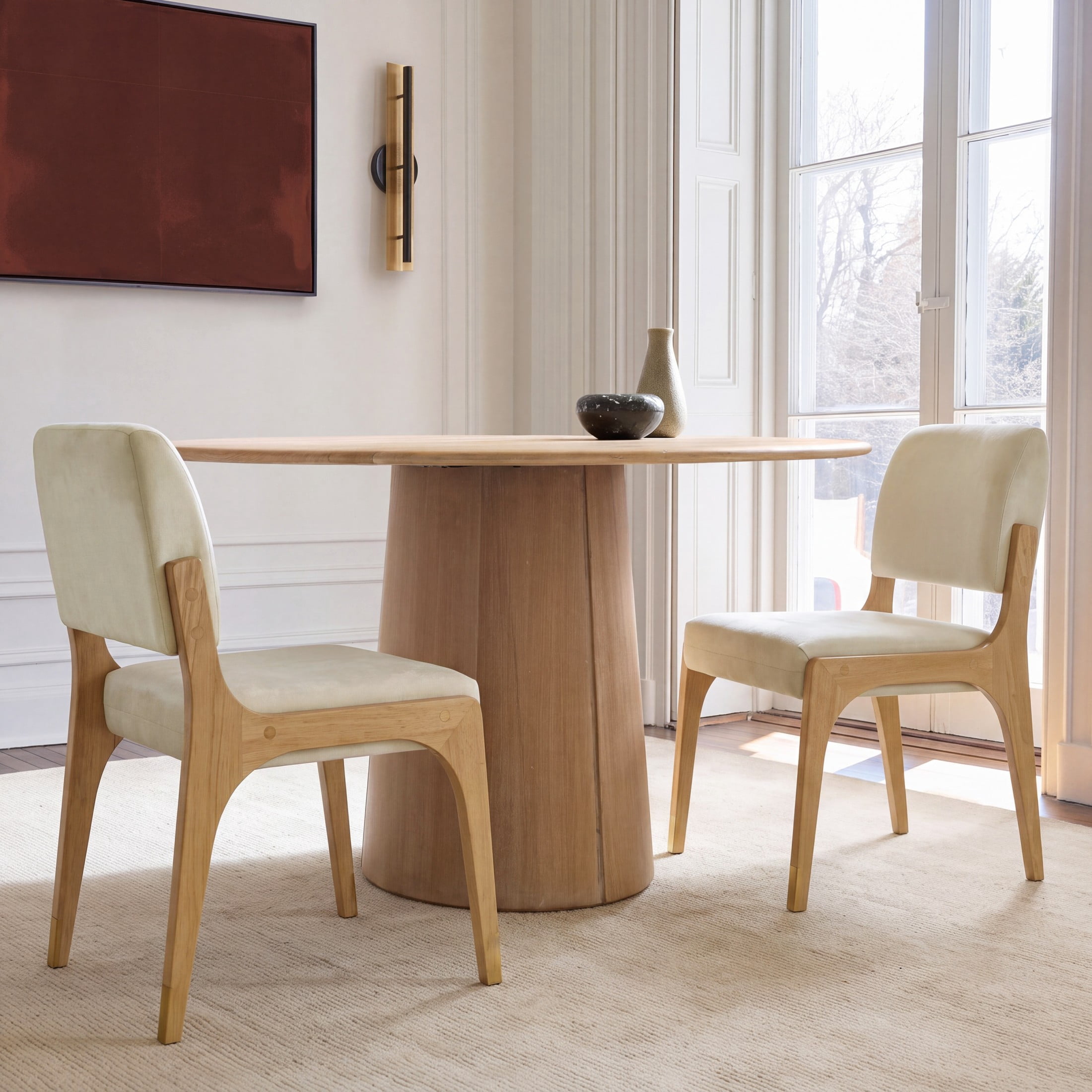 Christopher Knight Home Mid-Century Upholstered Dining Chairs, Solid Wood Frame, Natural+Beige, Set of 2
