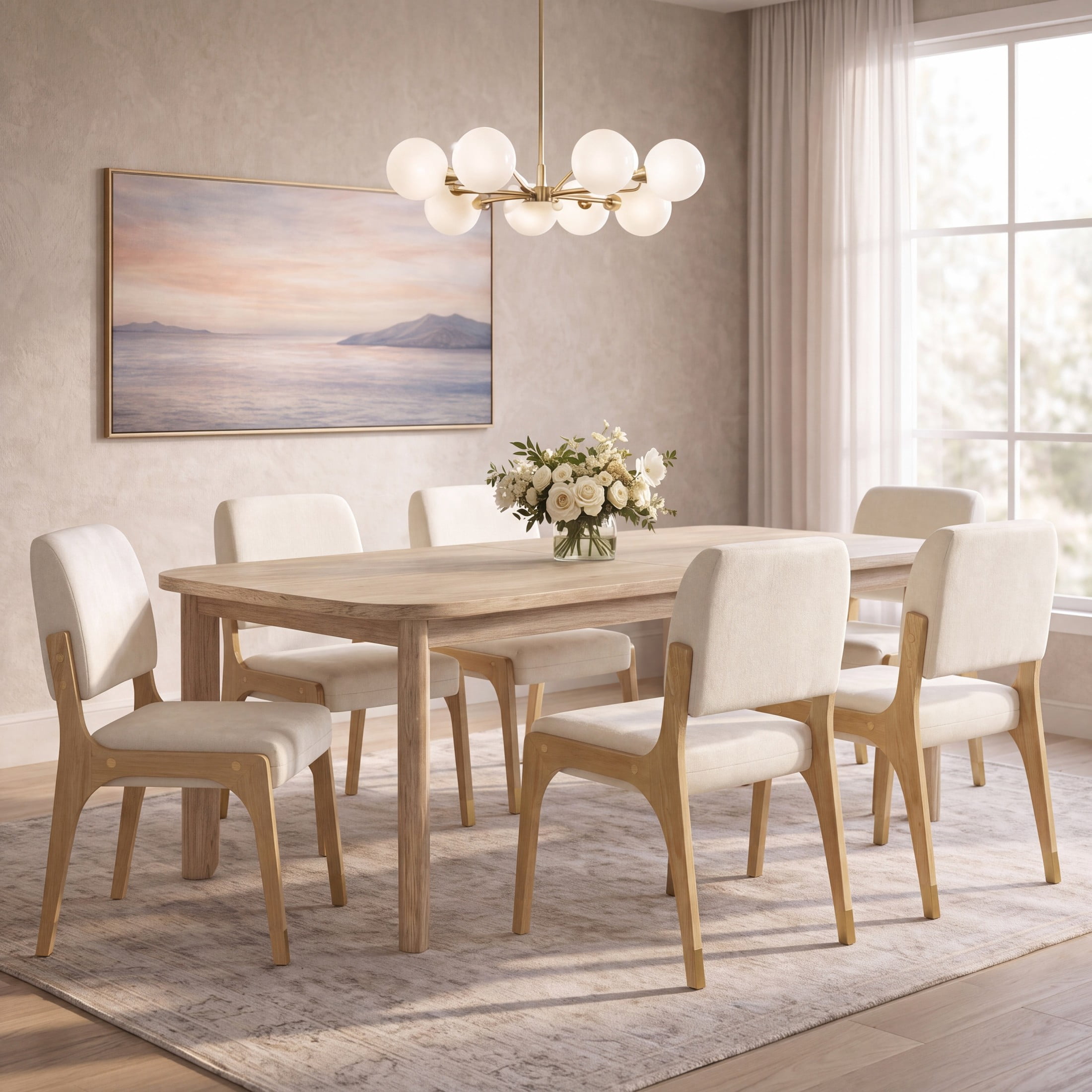 Christopher Knight Home Mid-Century Upholstered Dining Chairs, Solid Wood Frame, Natural+Beige, Set of 6