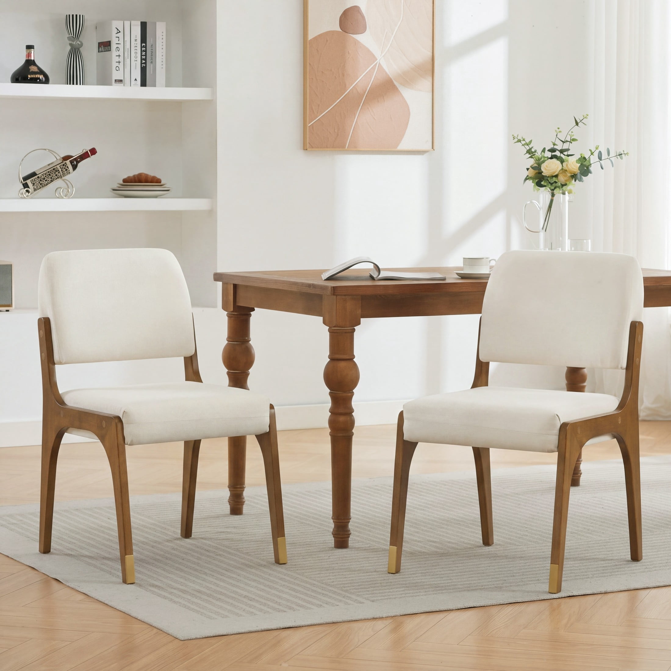 Christopher Knight Home Mid-Century Upholstered Dining Chairs, Solid Wood Frame, Walnut+Beige, Set of 2