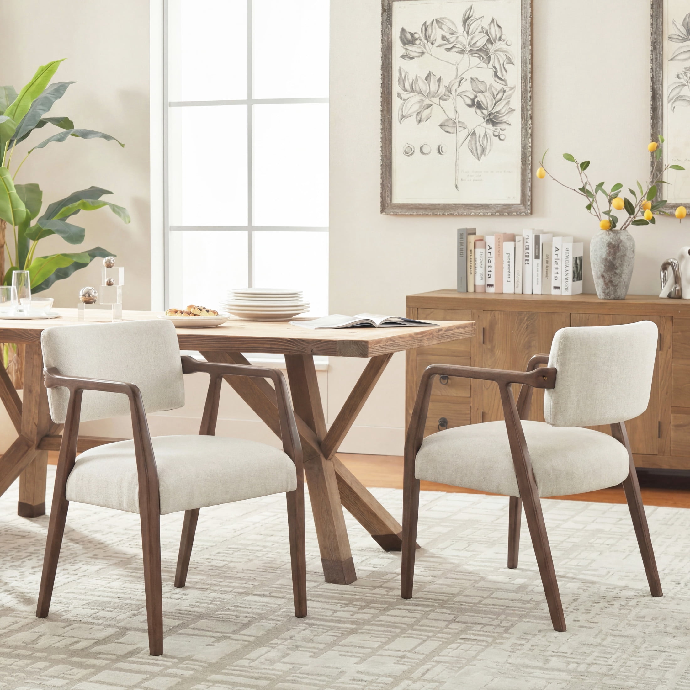 Christopher Knight Home Mid-Century Upholstered Dining Chairs, Wood Frame, Brown+Beige, Set of 2