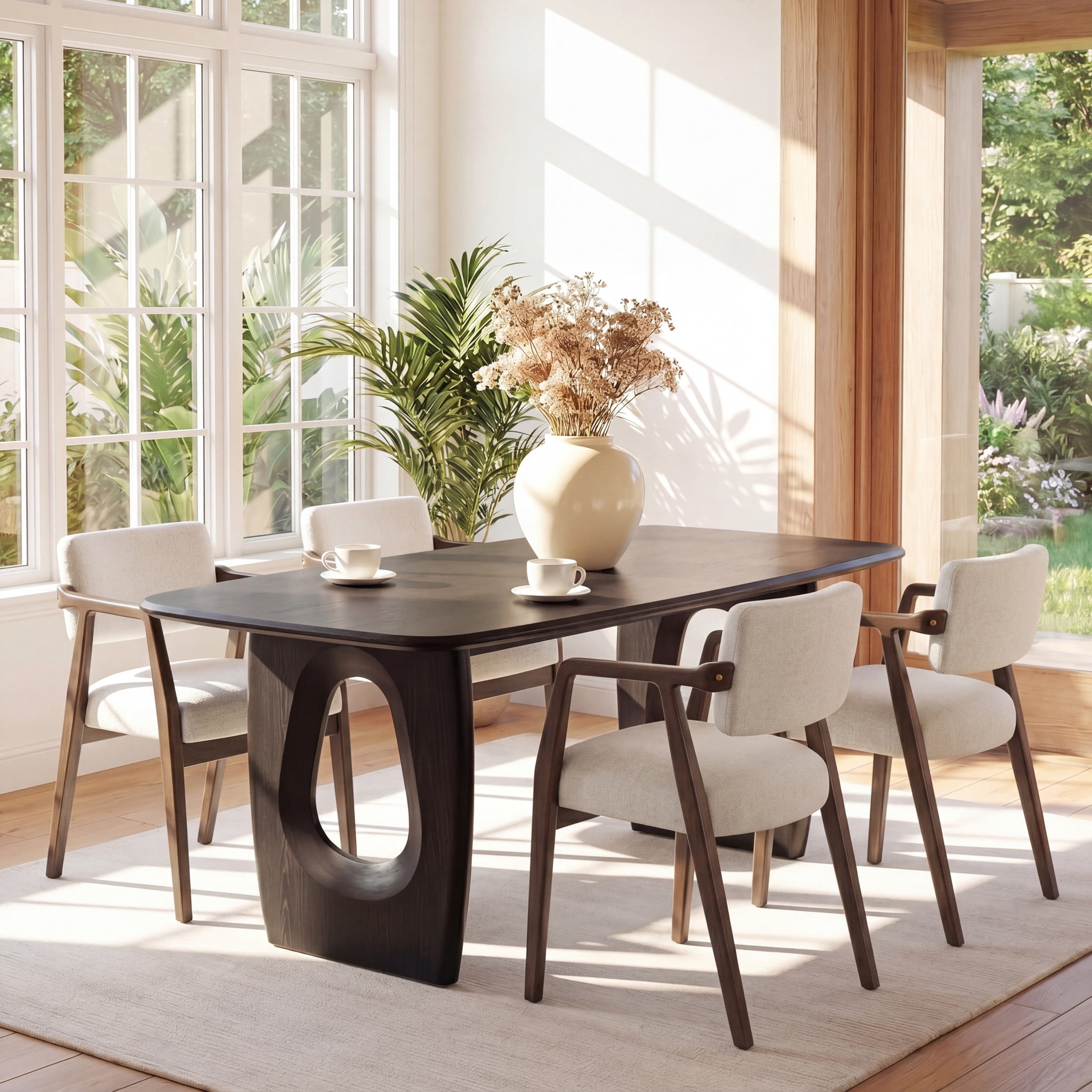 Christopher Knight Home Mid-Century Upholstered Dining Chairs, Wood Frame, Brown+Beige, Set of 4