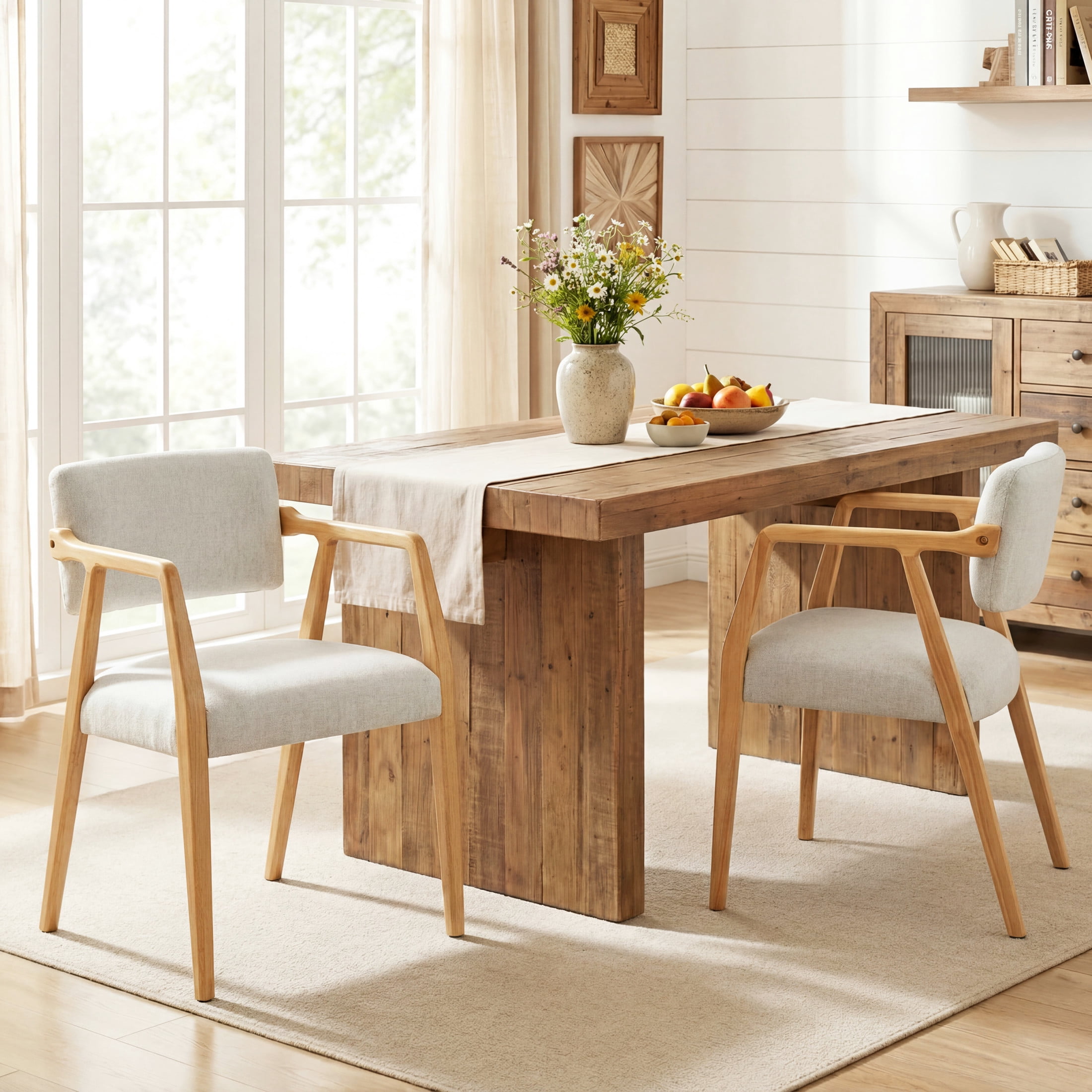 Christopher Knight Home Mid-Century Upholstered Dining Chairs, Wood Frame, Natural+Beige, Set of 2